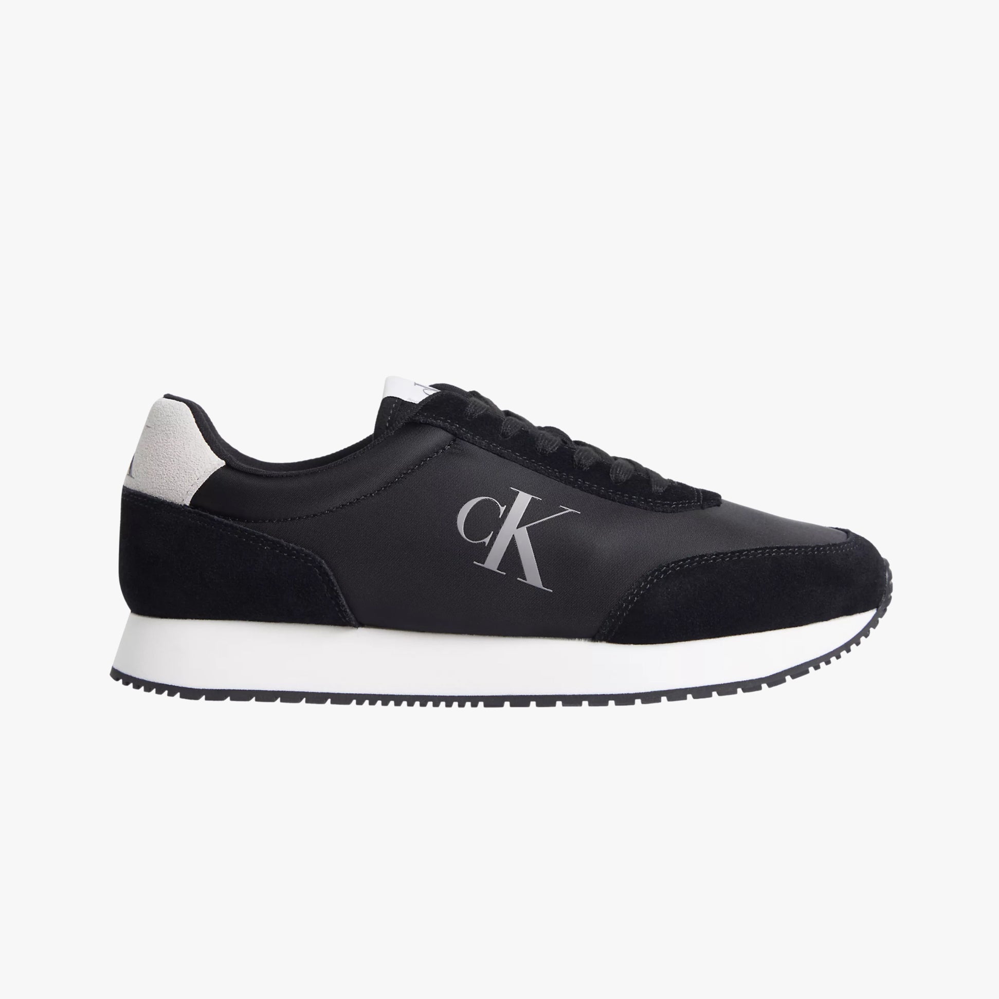 Calvin Klein RETRO RUNNER ICONIC Mens Trainers Black/Bright White side view featuring suede and mesh upper and flat rubber sole.