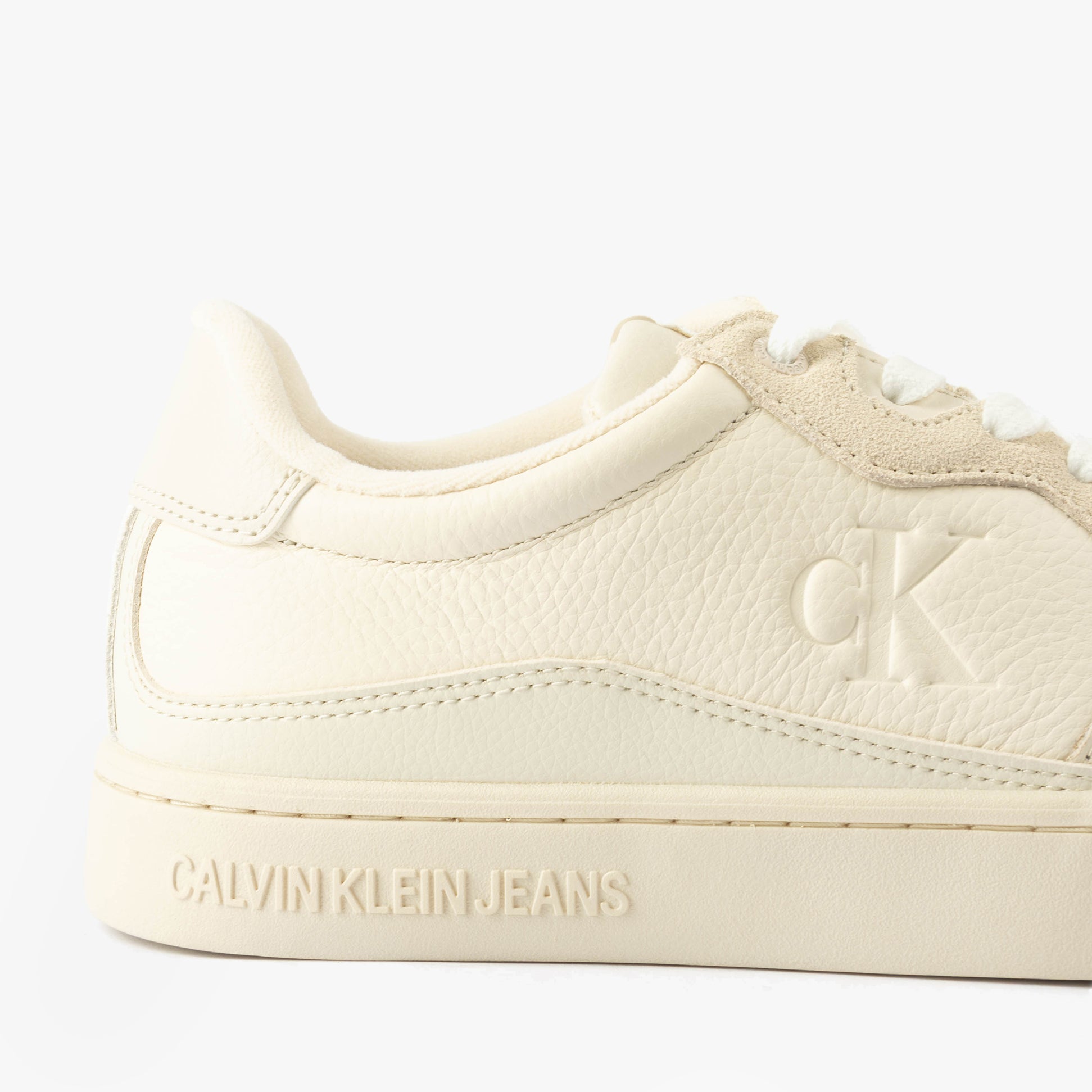 Calvin Klein CLASSIC CUPSOLE Mens Trainers Turtle Dove/Eggshell side view showing leather upper and branding details.
