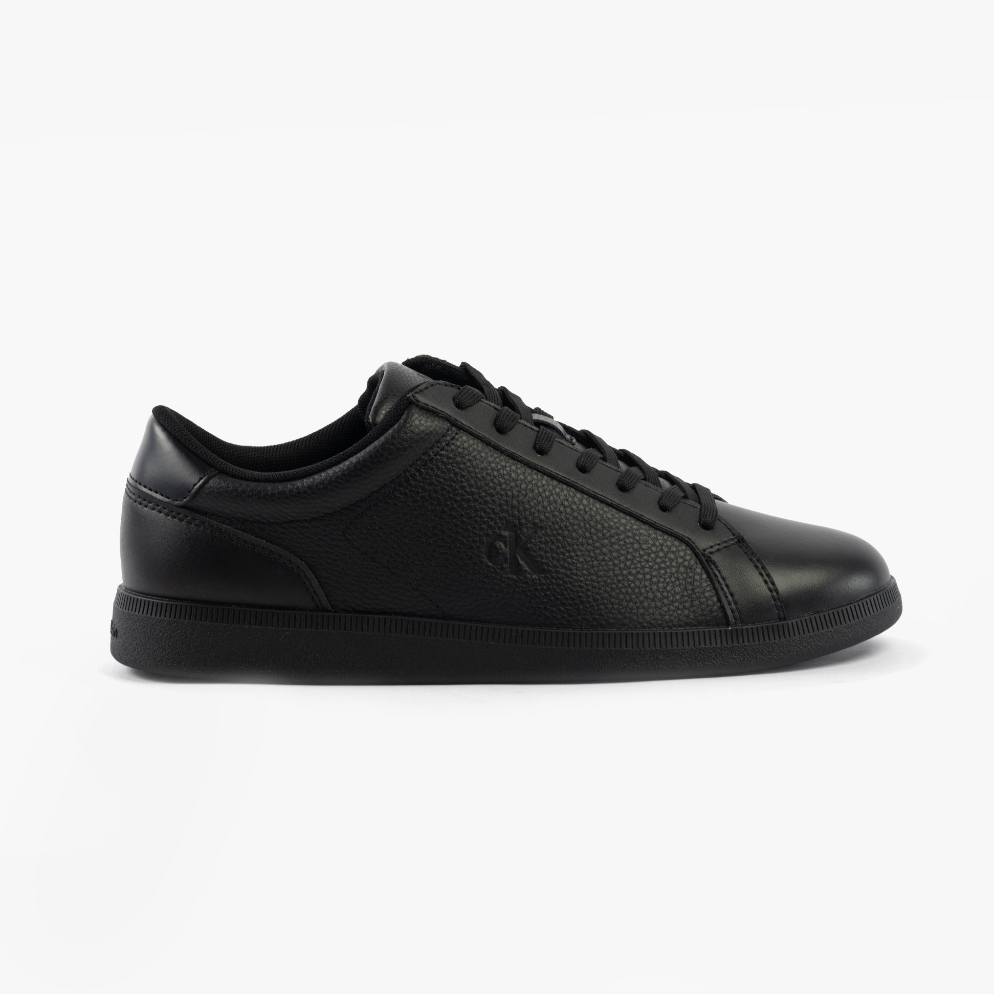 Calvin Klein LOW PROFILE CUPSOLE Mens Trainers Triple Black side view showcasing leather upper and lace-up closure.