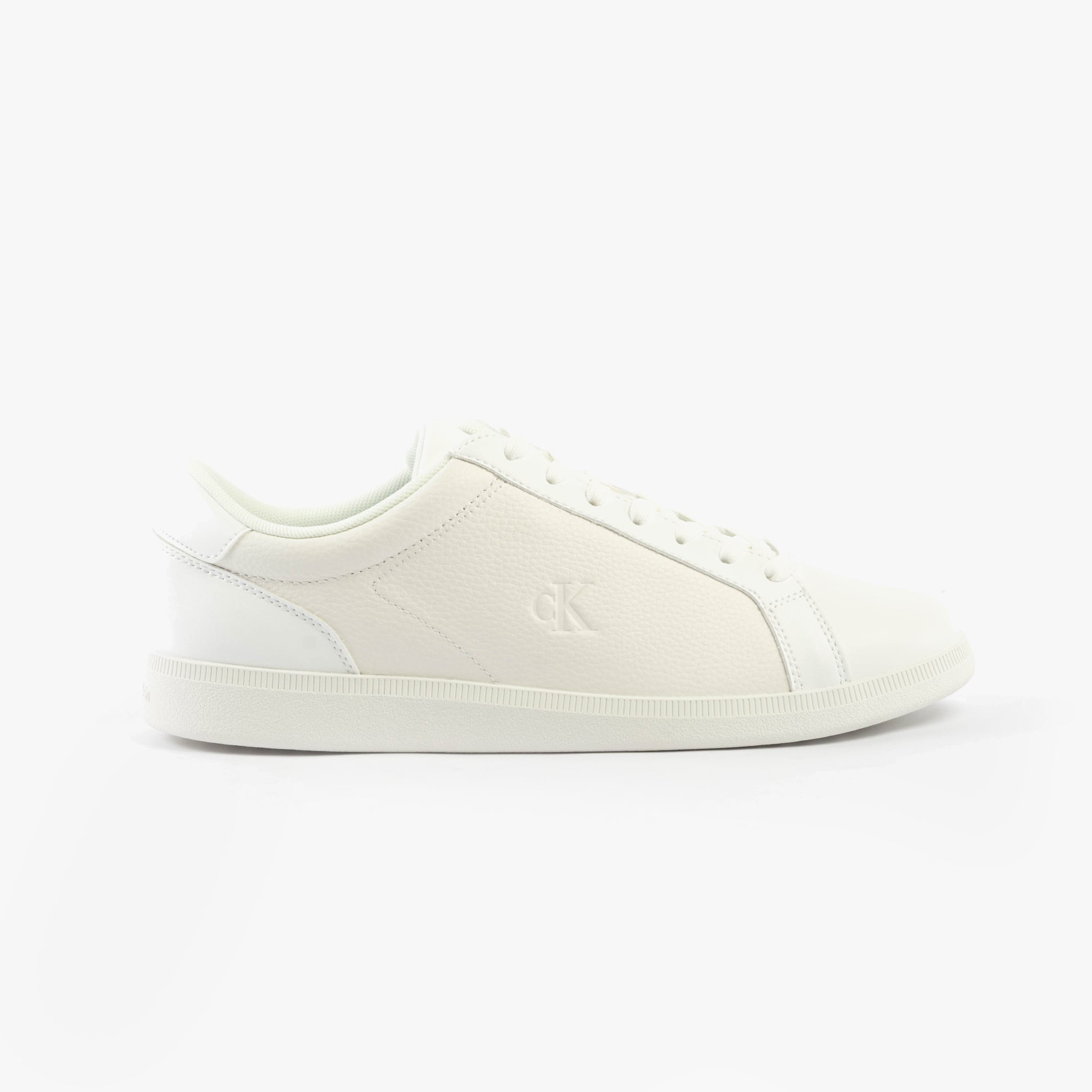 Calvin Klein LOW PROFILE CUPSOLE Mens Trainers Triple Bright White side view showcasing leather upper and round toe design.
