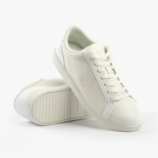 Calvin Klein LOW PROFILE CUPSOLE Mens Trainers Triple Bright White side view showcasing casual leather upper and lace-up closure.