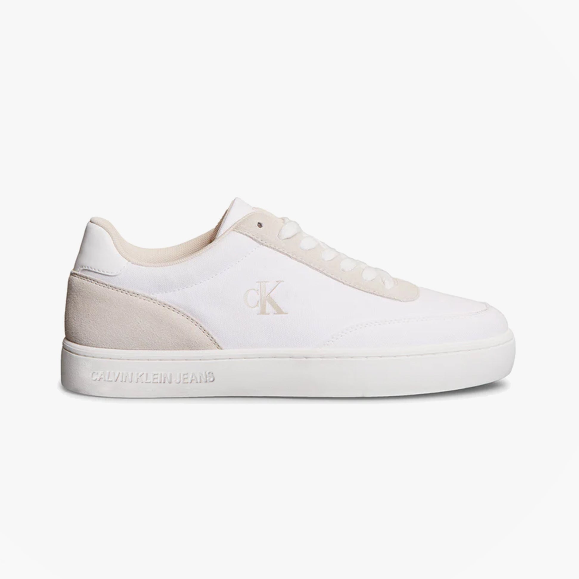 Calvin Klein CLASSIC CANVAS Mens Trainers Bright White/Eggshell side view showcasing canvas upper and rubber sole