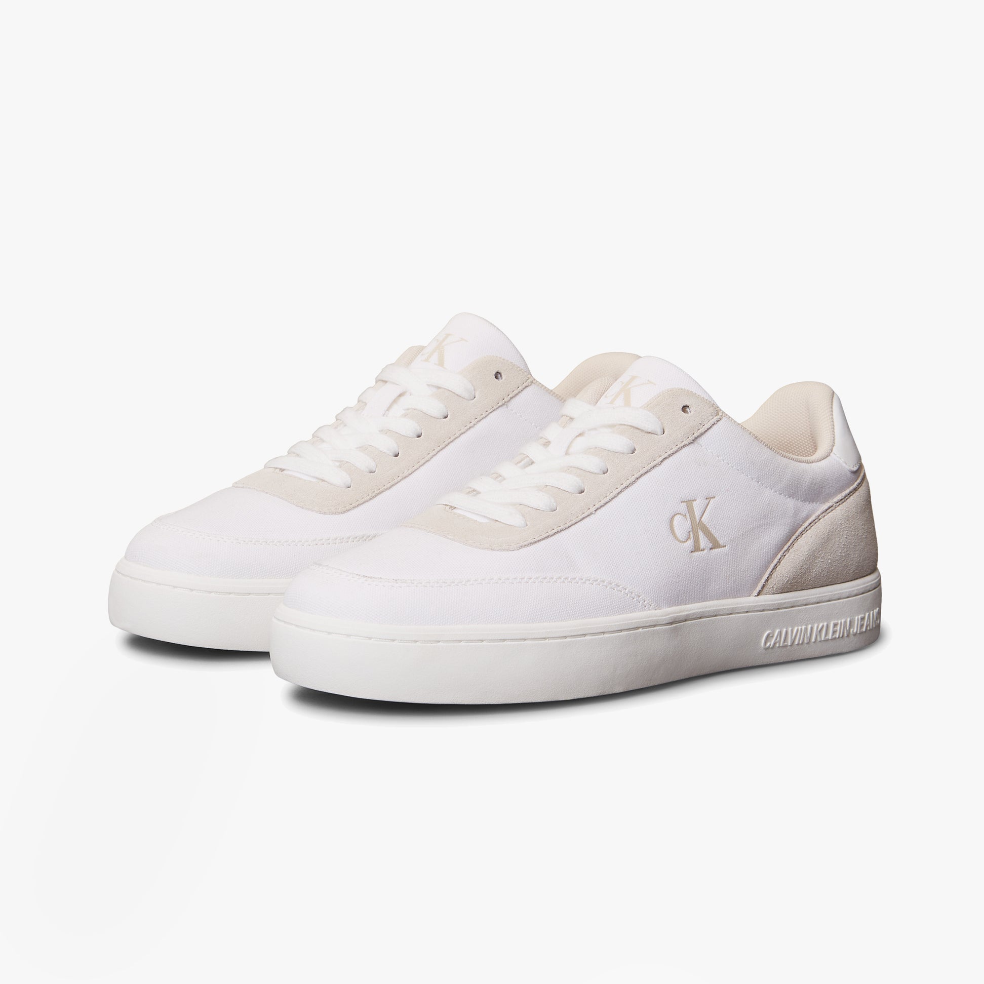 Calvin Klein CLASSIC CANVAS Mens Trainers Bright White/Eggshell side view with lace-up closure and round toe shape.