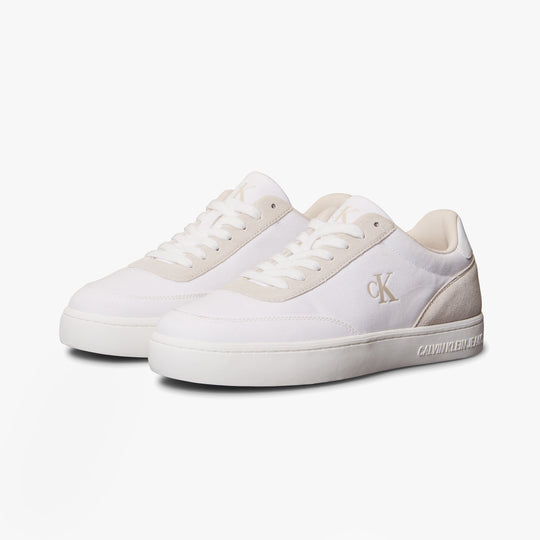 Calvin Klein CLASSIC CANVAS Mens Trainers Bright White/Eggshell side view with lace-up closure and round toe shape.