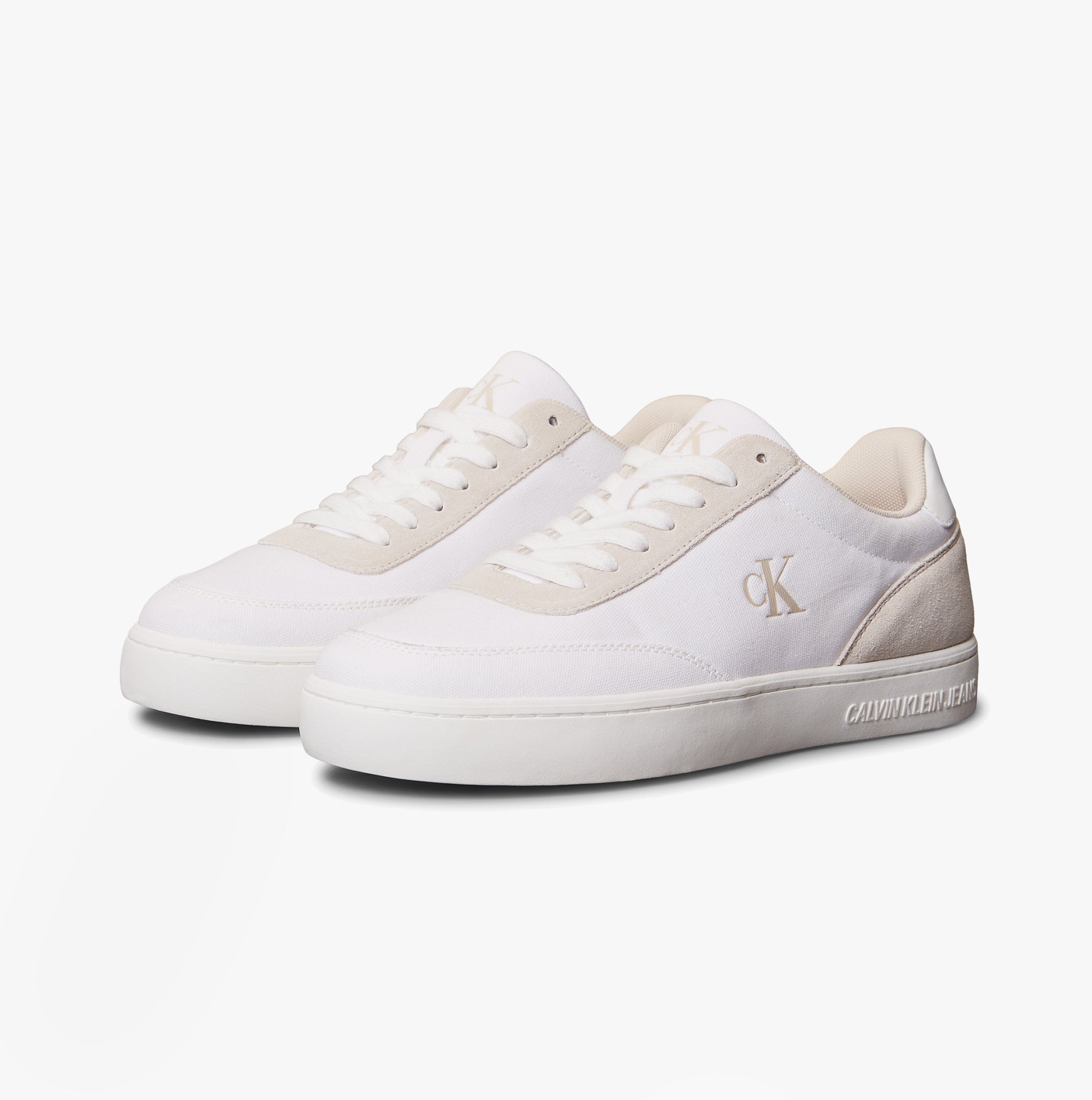 Calvin Klein CLASSIC CANVAS Mens Trainers Bright White/Eggshell side view with lace-up closure and round toe shape.