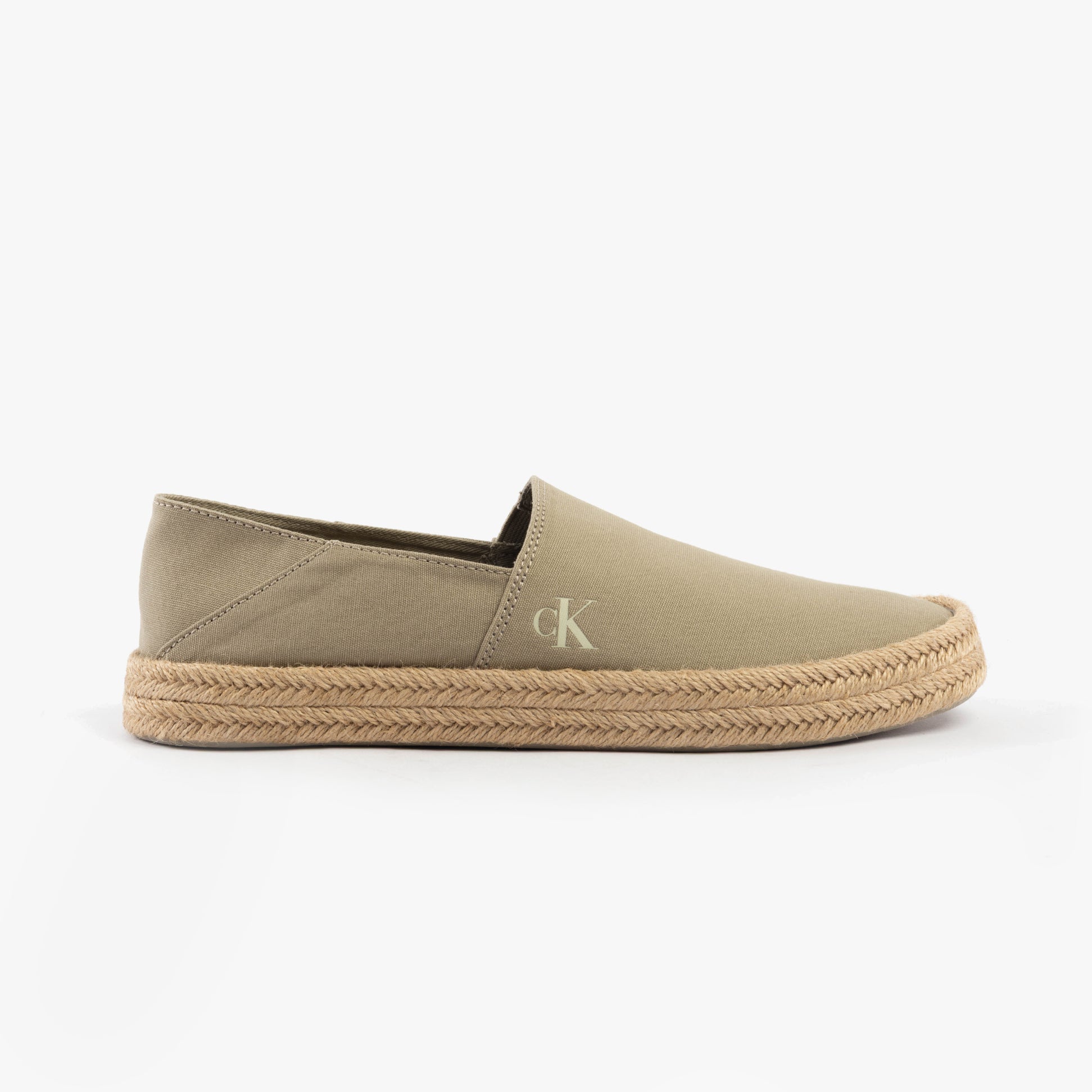 Calvin Klein ESPADRILLE Mens Canvas Shoes Weathered Teak side view with slip-on design and round toe.
