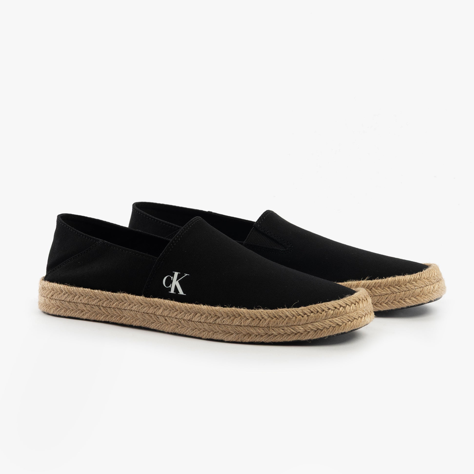 Calvin Klein ESPADRILLE Mens Canvas Shoes Ck Black side view with rounded toe, slip-on design and woven sole.