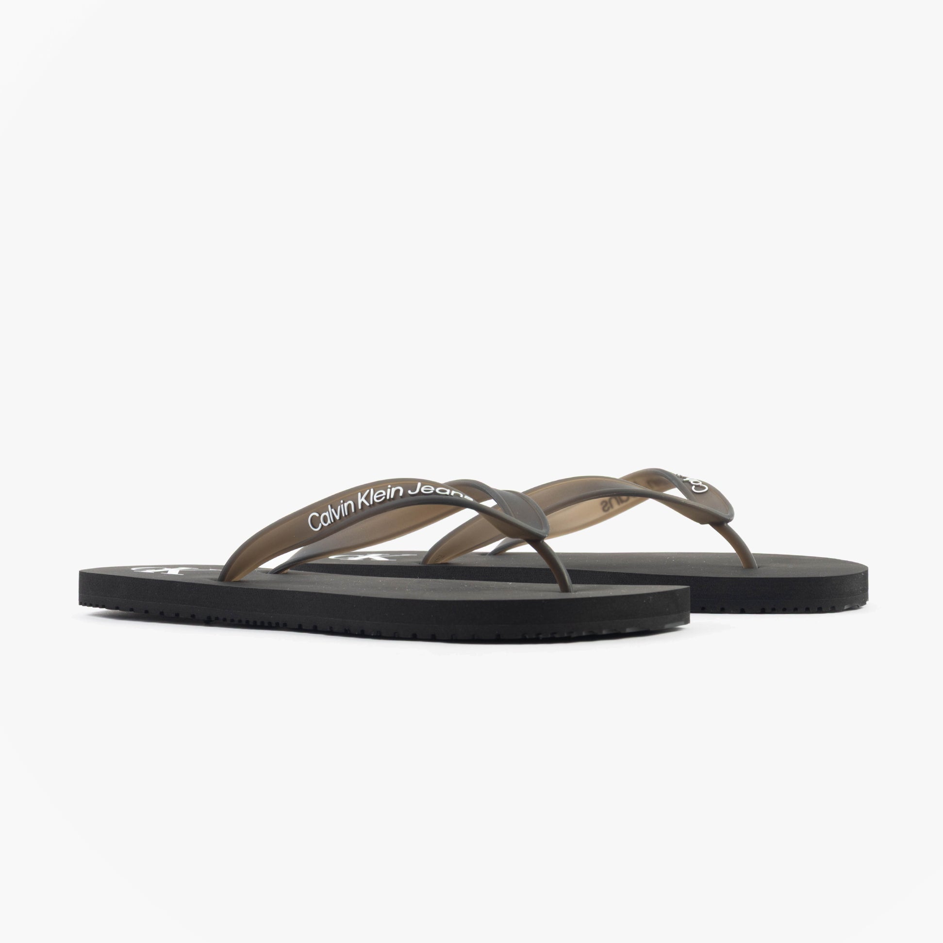 Calvin Klein BEACH SANDAL TRANSPA Mens Sandals Black/Bright White side view showcasing the stylish TPR upper and comfortable flat sole.