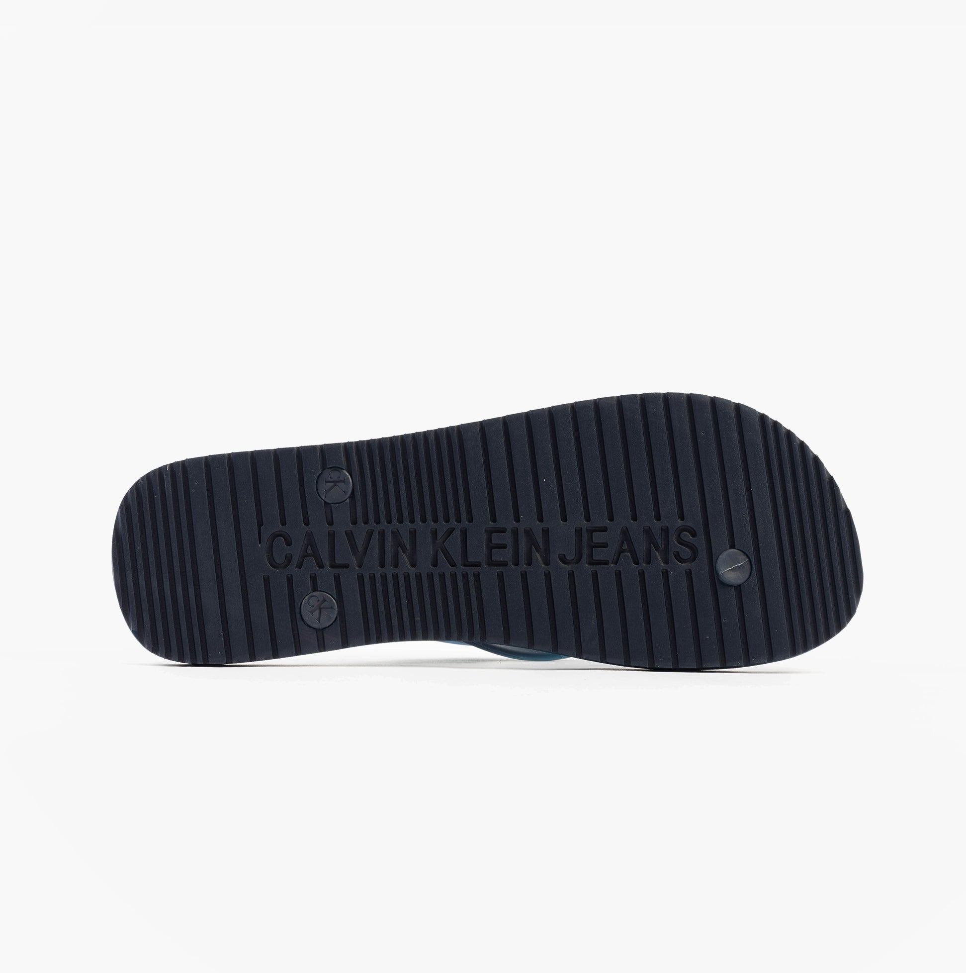 Calvin Klein BEACH SANDAL TRANSPA Mens Sandals Calvin Navy/Bright White bottom view showcasing sole with brand logo.