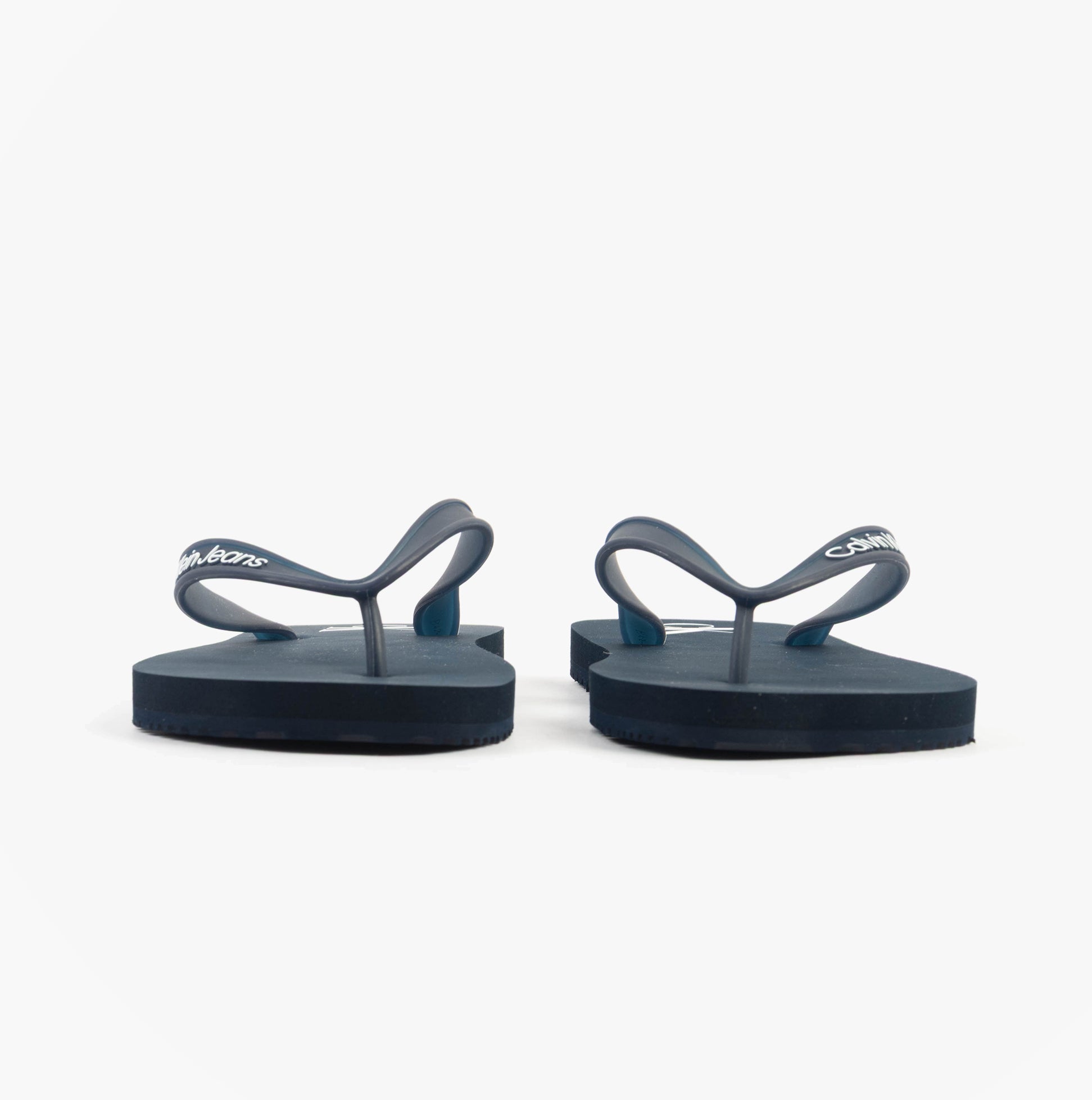 Calvin Klein BEACH SANDAL TRANSPA Mens Sandals Calvin Navy/Bright White back view showing straps and flat sole.