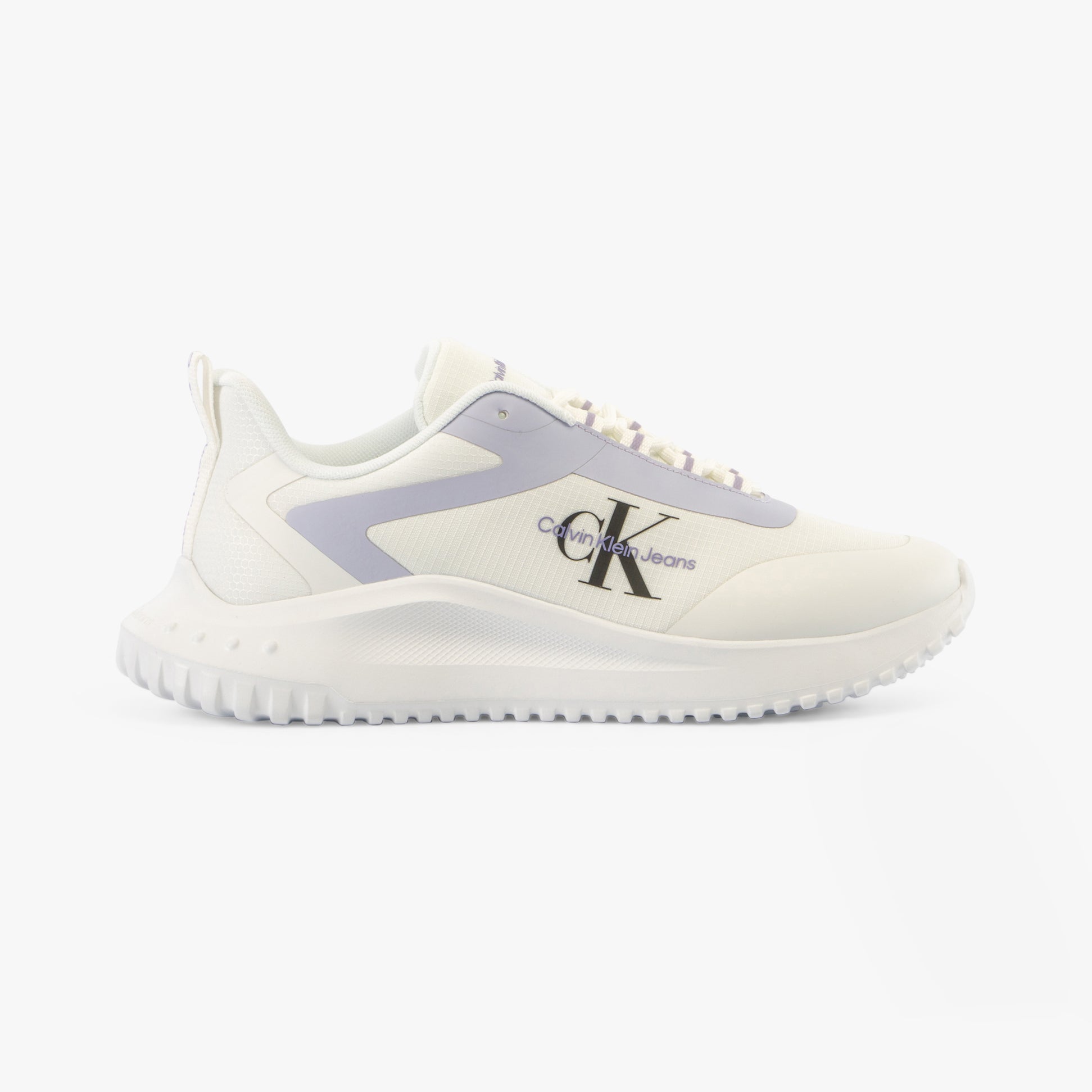 Calvin Klein EVA RUNNER LOW LACE Womens Trainers Bright White/Pastel Lilac side view showcasing textile upper and rubber sole.