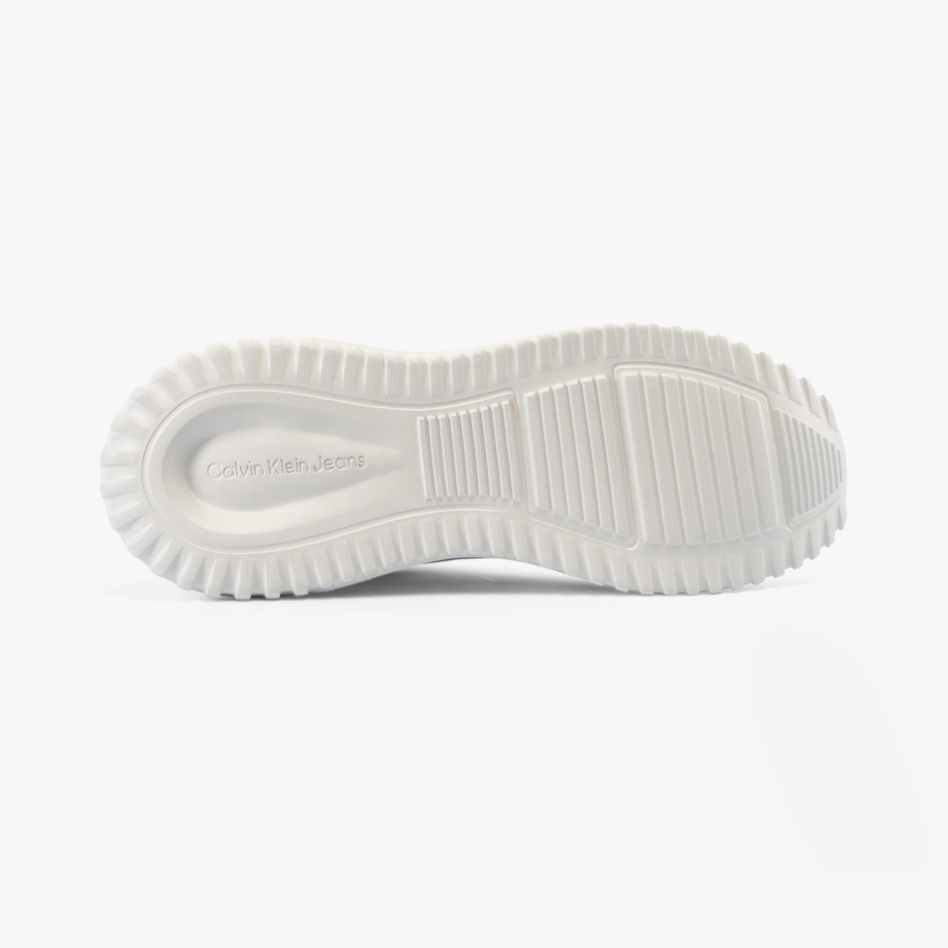 Calvin Klein EVA RUNNER LOW LACE Womens Trainers Bright White/Pastel Lilac sole view with rubber bottom texture.