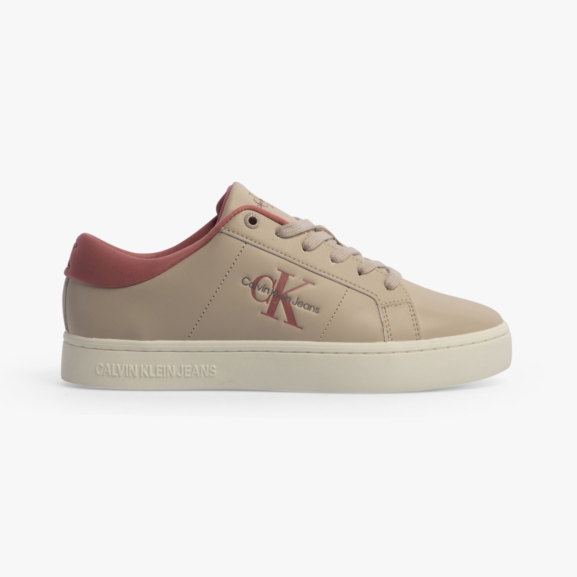 Calvin Klein CLASSIC CUPSOLE Womens Trainers Eggshell/Dusty Rose side view with lace-up closure and rubber sole.