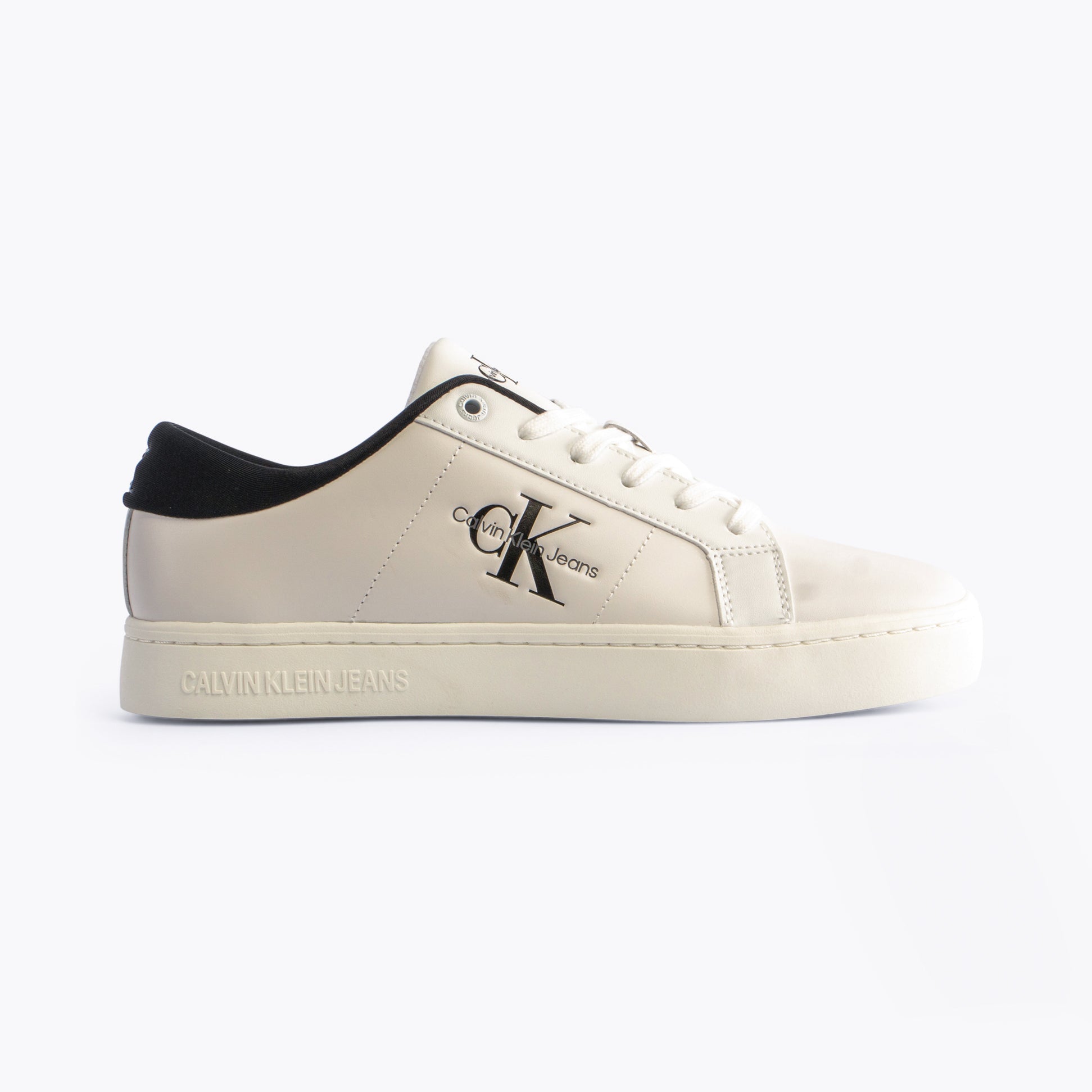 Calvin Klein CLASSIC CUPSOLE Womens Trainers Bright White/Black side view with leather upper and black accents.