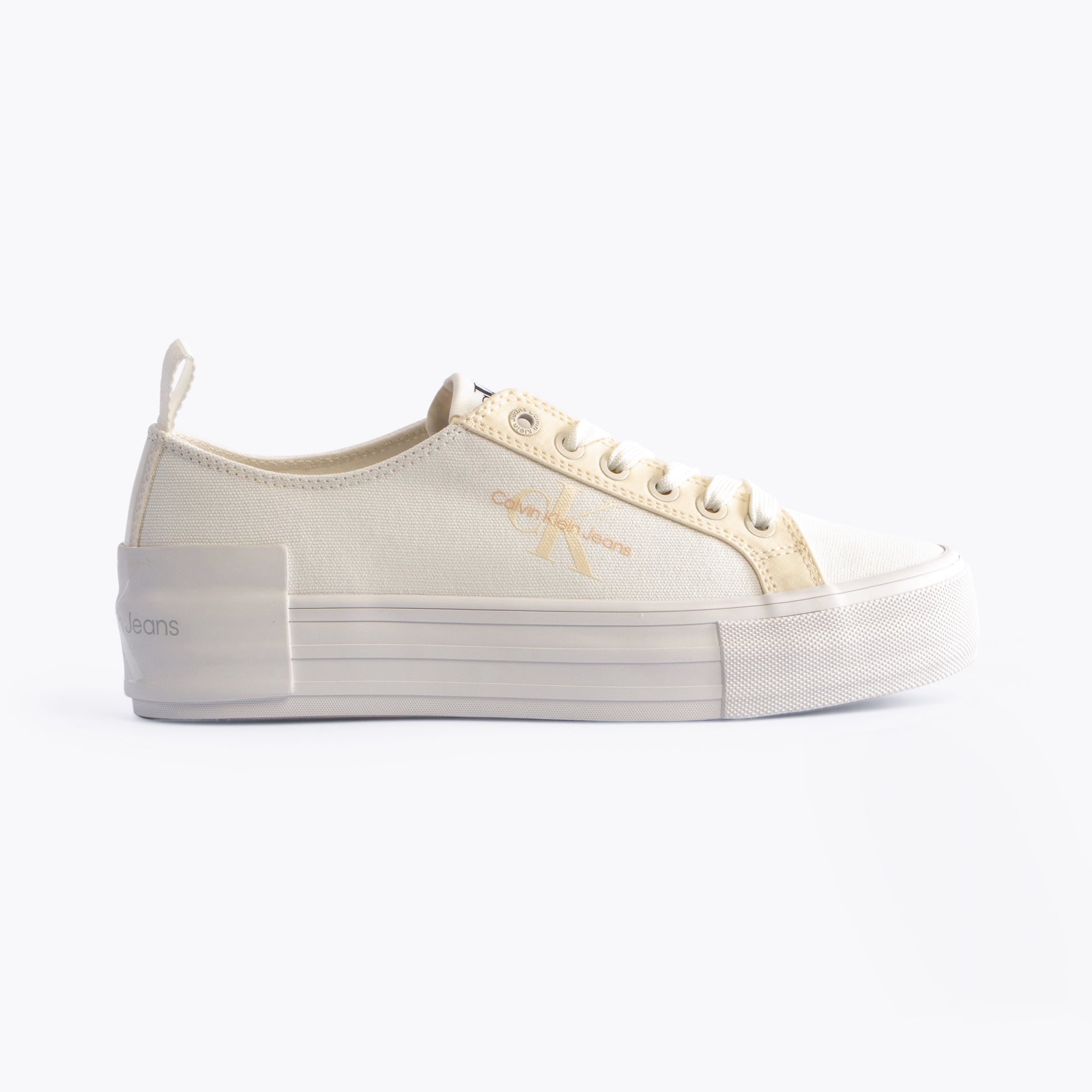 Calvin Klein BOLD VULCANISED Womens Trainers Creamy White/White/Whisper Pink side view with lace-up closure and platform sole.