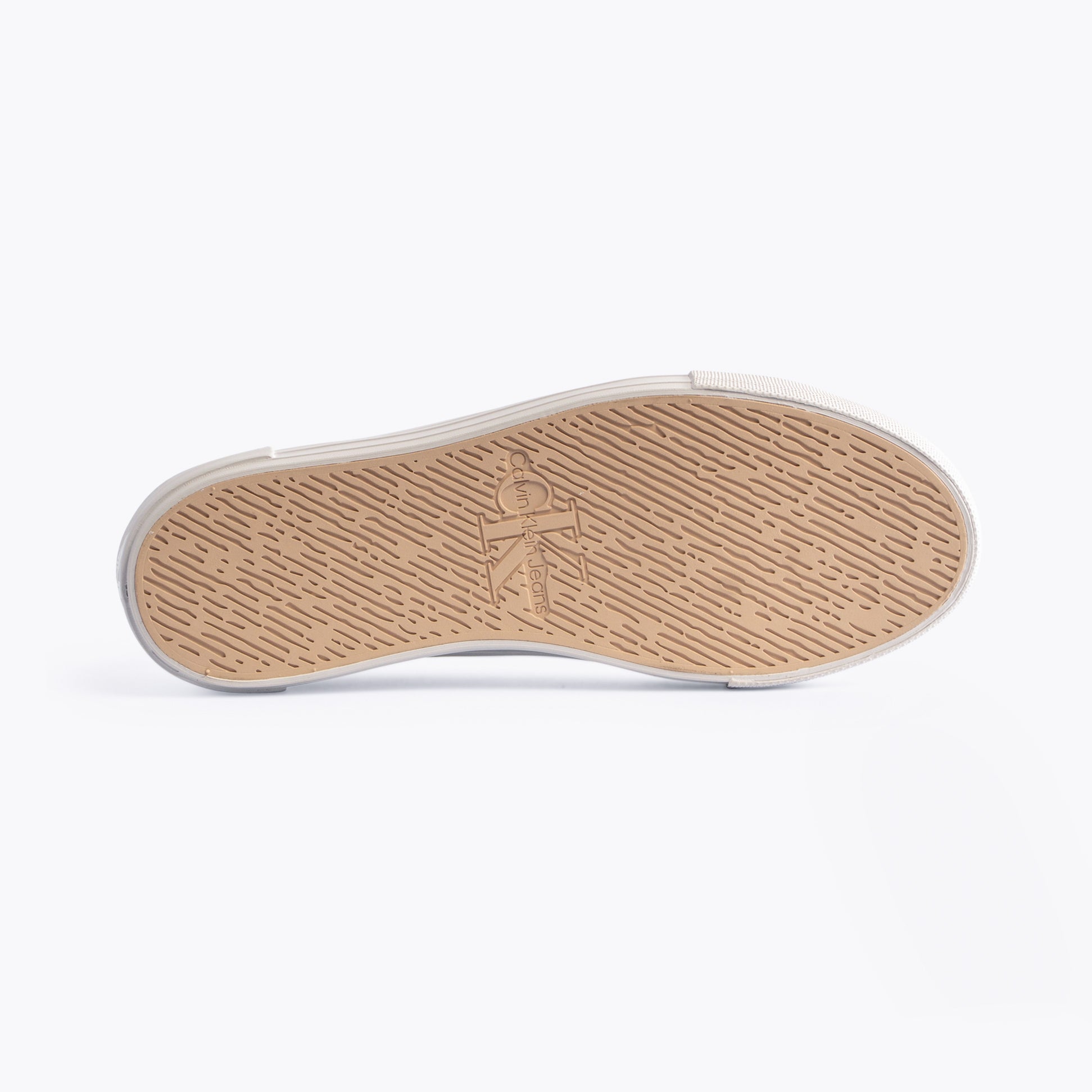 Calvin Klein BOLD VULCANISED Womens Trainers Creamy White/White/Whisper Pink bottom view with textured rubber sole.