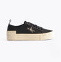 Calvin Klein BOLD VULCANISED Womens Trainers Black/Creamy White side view with platform sole and lace-up design.