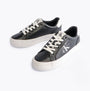 Calvin Klein FLATFORM LACEUP Womens Trainers Black/Bright White side view showing black leather upper and white sole.