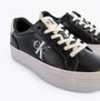 Calvin Klein FLATFORM LACEUP Womens Trainers Black/Bright White side view showing sleek design and lace-up closure.