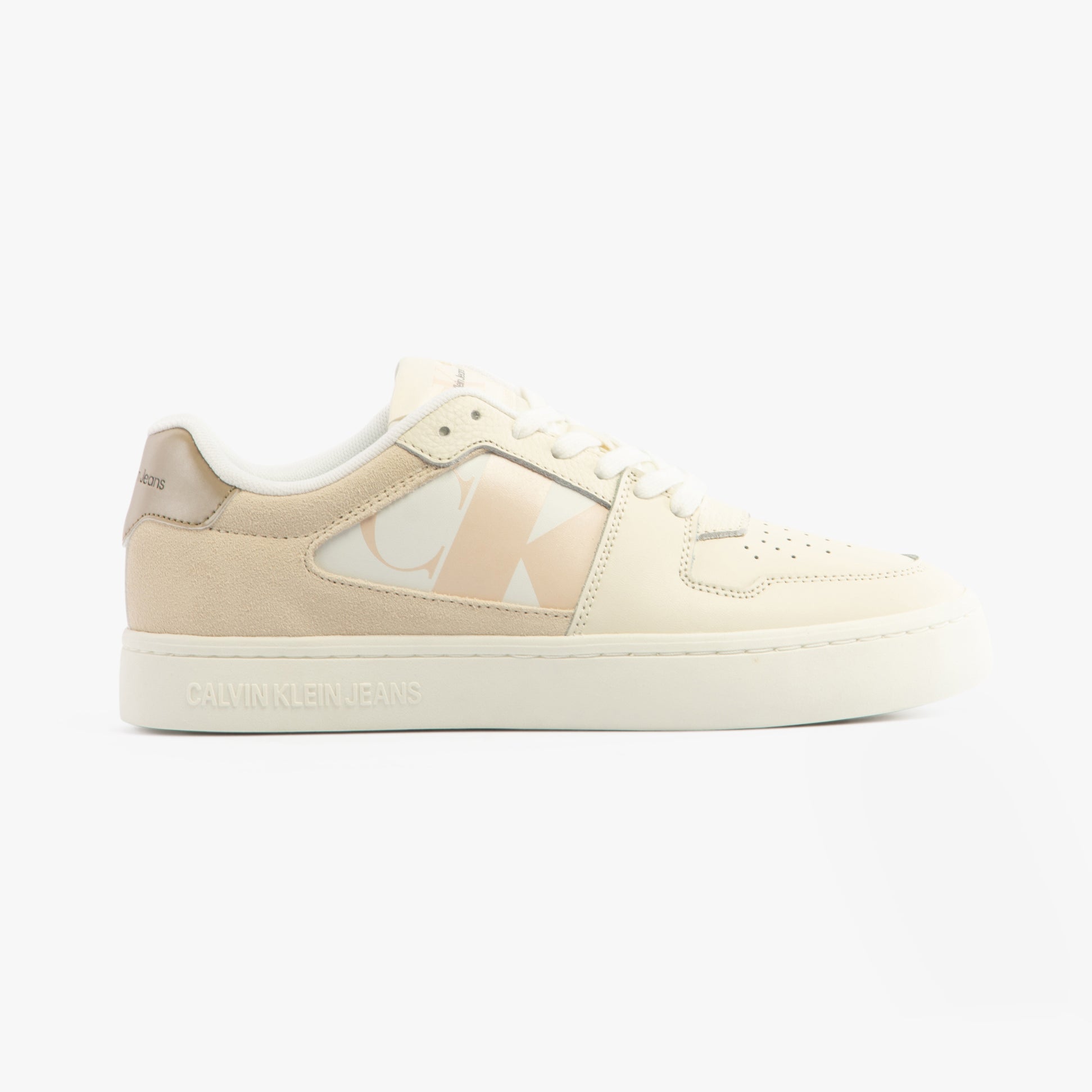 Calvin Klein CLASSIC CUPSOLE Womens Trainers Bright White/Travertine/W Pink side view showing leather and suede upper.