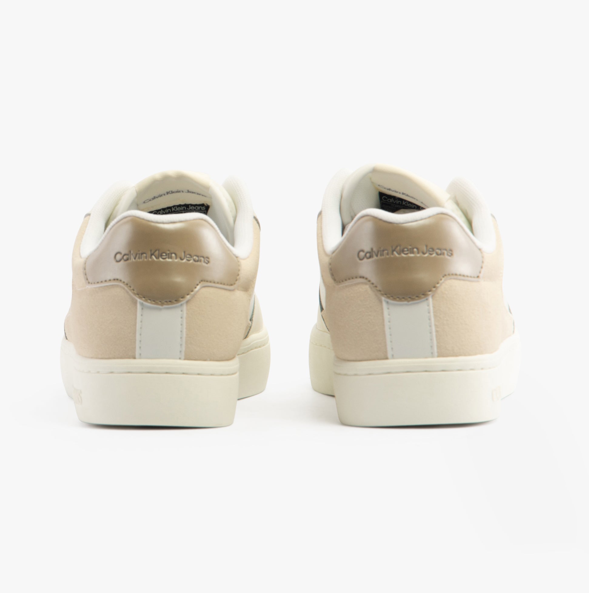 Calvin Klein CLASSIC CUPSOLE Womens Trainers Bright White/Travertine/W Pink back view showcasing leather and suede materials.