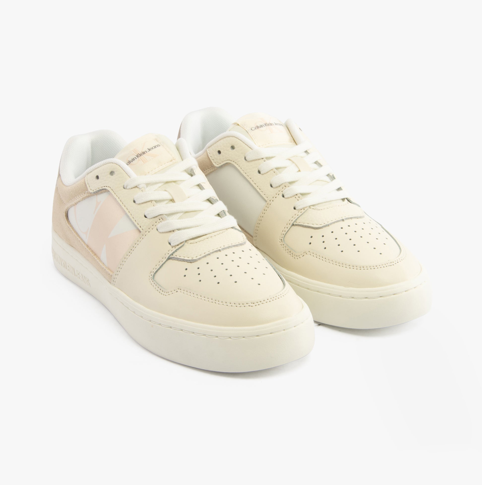 Calvin Klein CLASSIC CUPSOLE Womens Trainers Bright White/Travertine/W Pink front view showing leather and suede details.