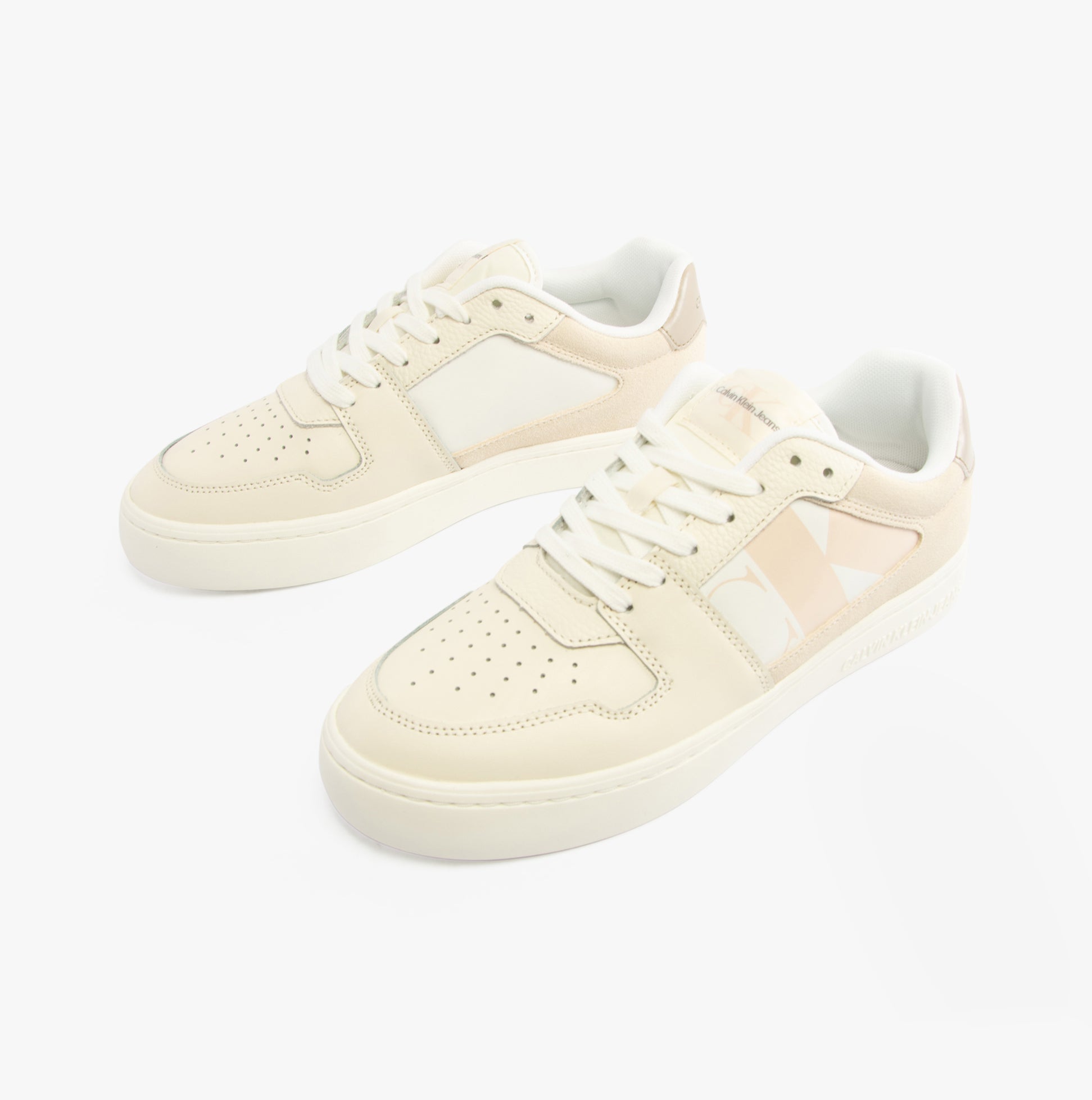 Calvin Klein CLASSIC CUPSOLE Womens Trainers Bright White/Travertine/W Pink, side view, casual lace-up trainers with leather and suede upper.