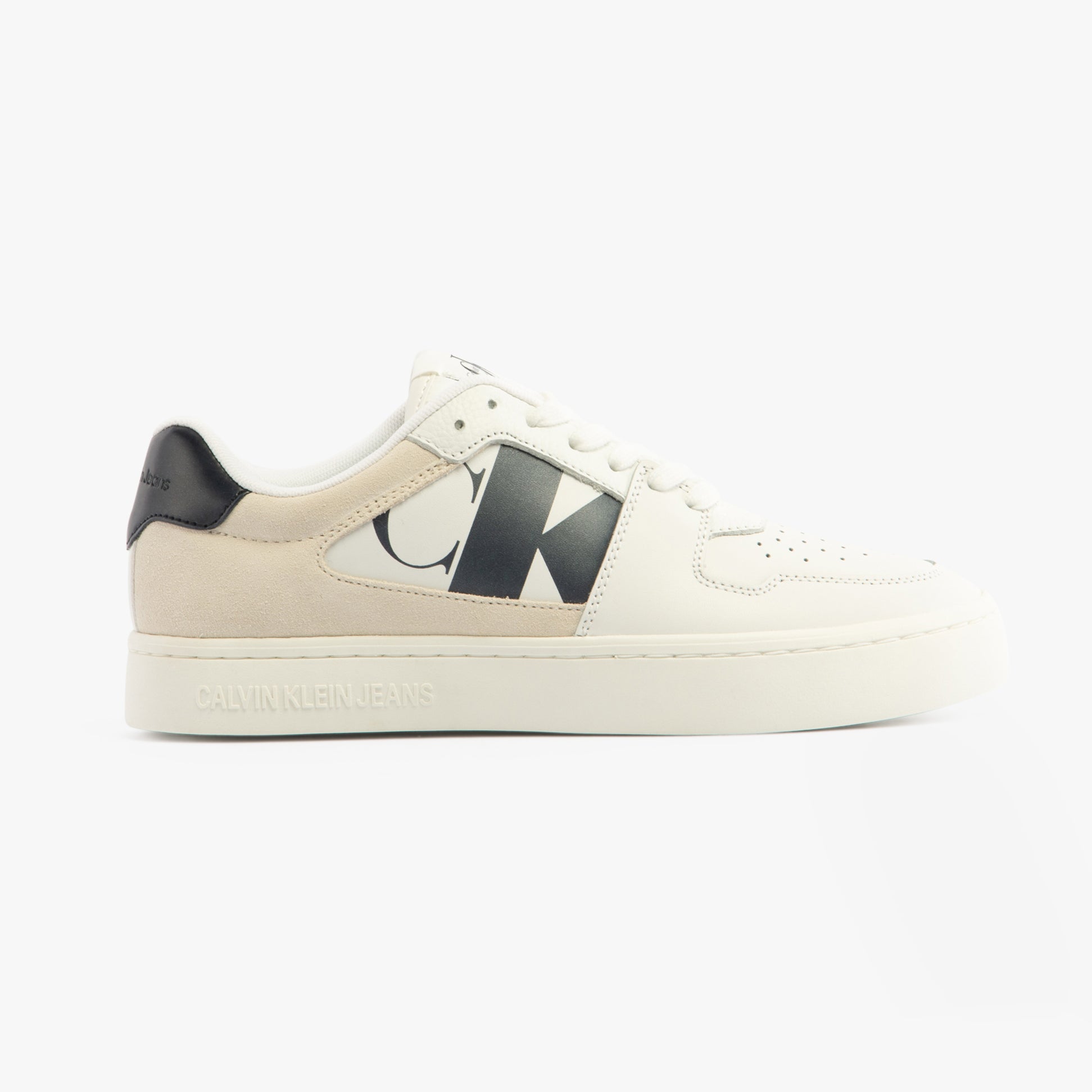 Calvin Klein CLASSIC CUPSOLE Womens Trainers Bright White/Black side view showcasing leather and suede upper.