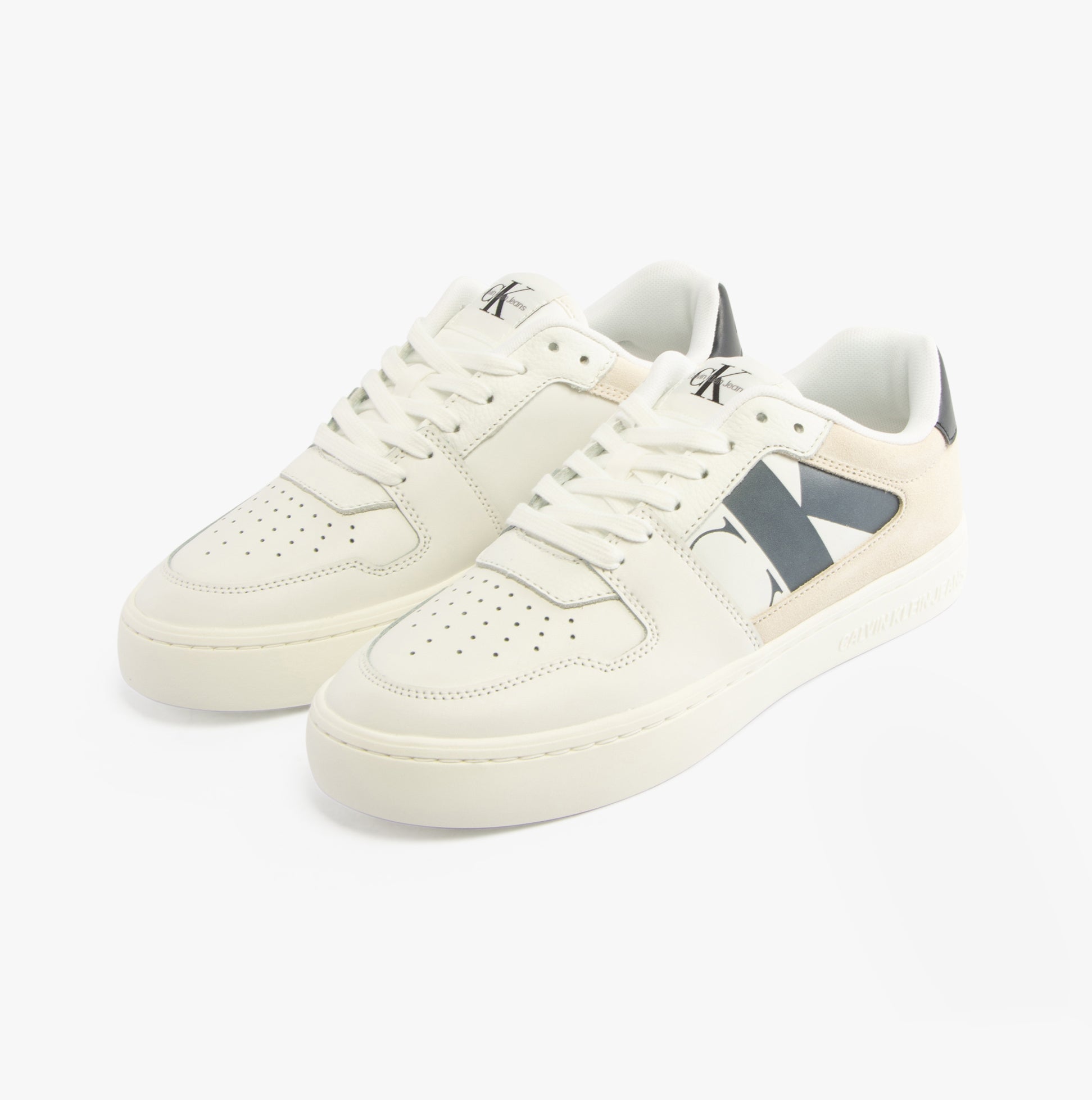 Calvin Klein CLASSIC CUPSOLE Womens Trainers Bright White/Black side view showcasing leather-suede upper and lace-up design.