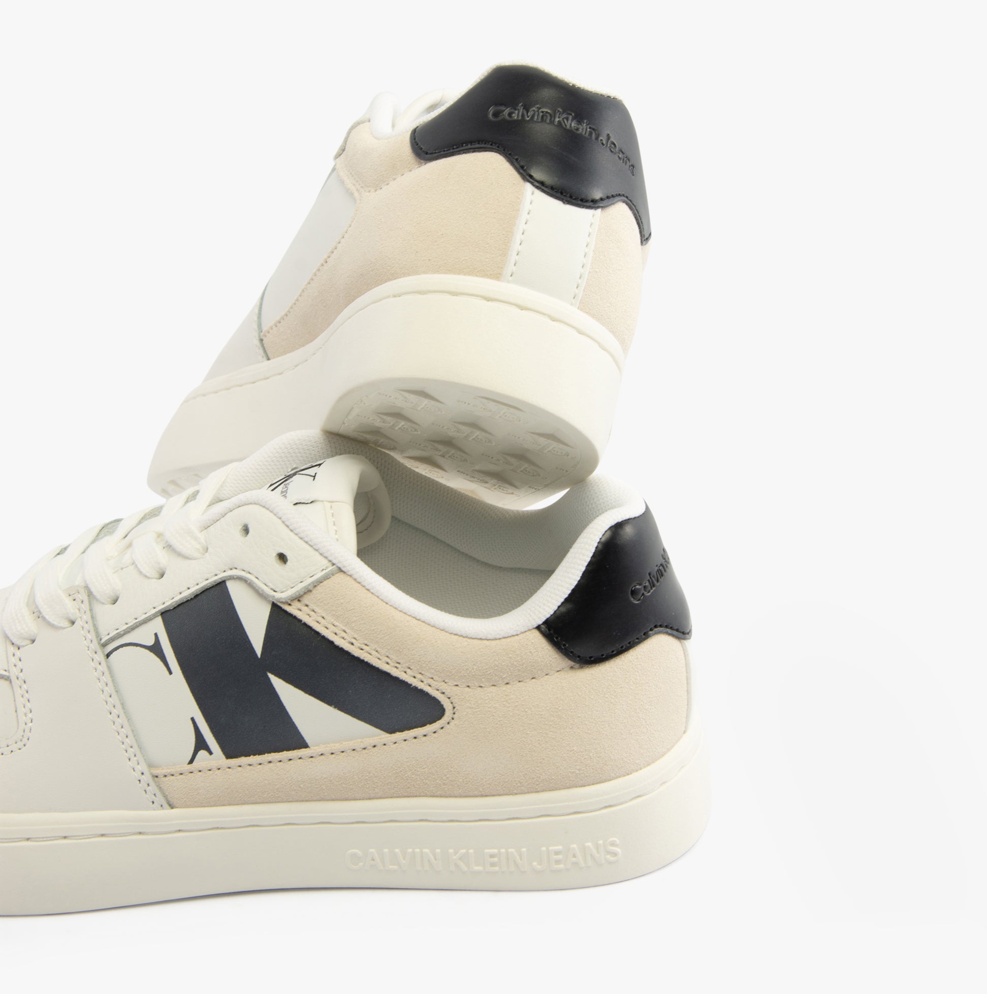 Calvin Klein CLASSIC CUPSOLE Womens Trainers Bright White/Black back and side view, featuring leather-suede upper and comfort design.