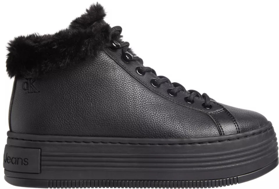 Calvin Klein BOLD PLATFORM LOW LACE UP Womens Trainers Triple Black side view showing ankle height and lace-up design.