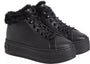 Calvin Klein BOLD PLATFORM LOW LACE UP Womens Trainers Triple Black side view with faux fur collar and lace-up design.
