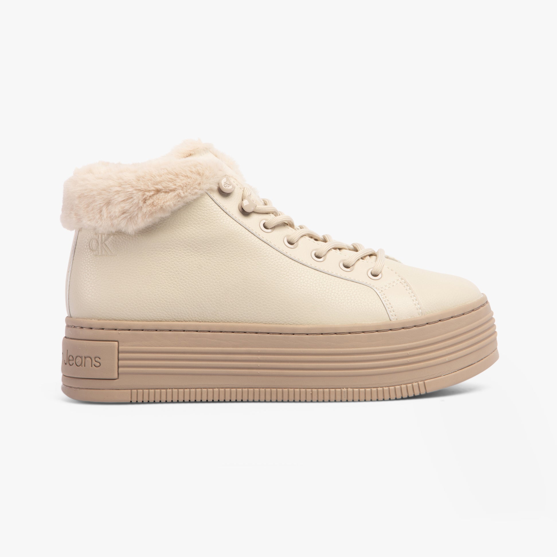 Calvin Klein BOLD PLATFORM LOW LACE UP Womens Trainers Eggshell/Savannah Tan side view with faux fur lining and platform sole.