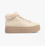 Calvin Klein BOLD PLATFORM LOW LACE UP Womens Trainers Eggshell/Savannah Tan side view with faux fur lining and platform sole.