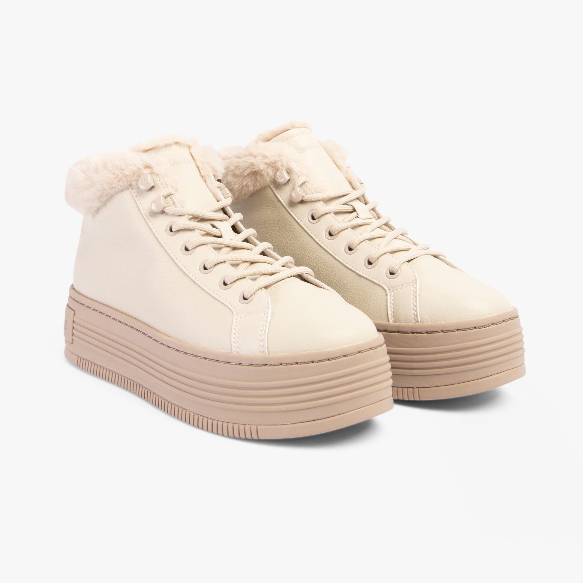 Calvin Klein BOLD PLATFORM LOW LACE UP Womens Trainers Eggshell/Savannah Tan front view with plush collar and platform sole.