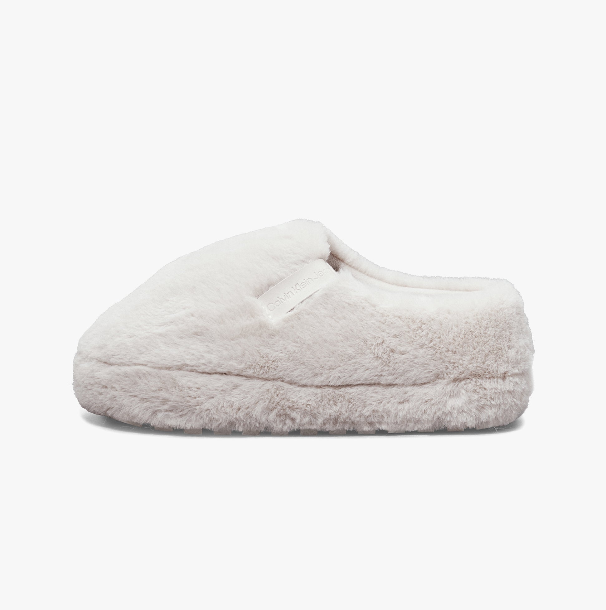 Calvin Klein HOME ANKLE Womens Slippers Triple Eggshell side view of faux fur mules with round toe and slip-on design.