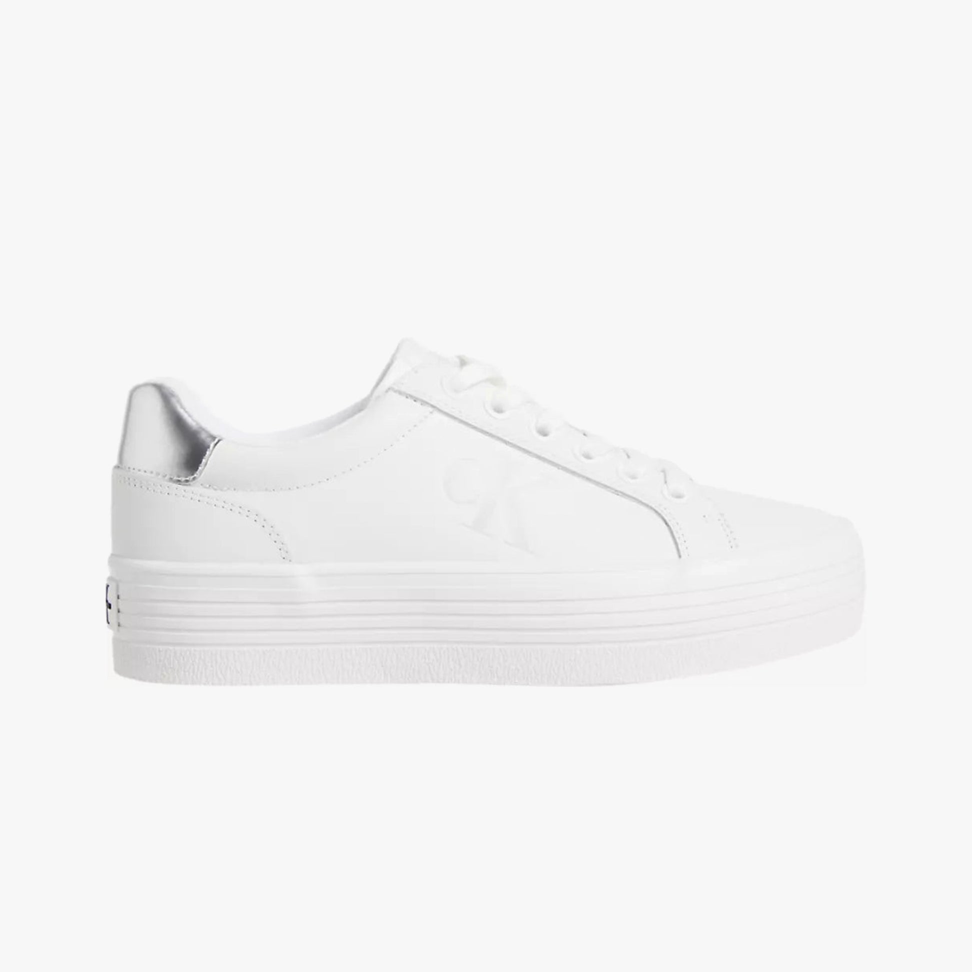 Calvin Klein BOLD VULCANISED FLATFORM Womens Trainers Bright White/Silver side view showcasing sleek design and platform sole