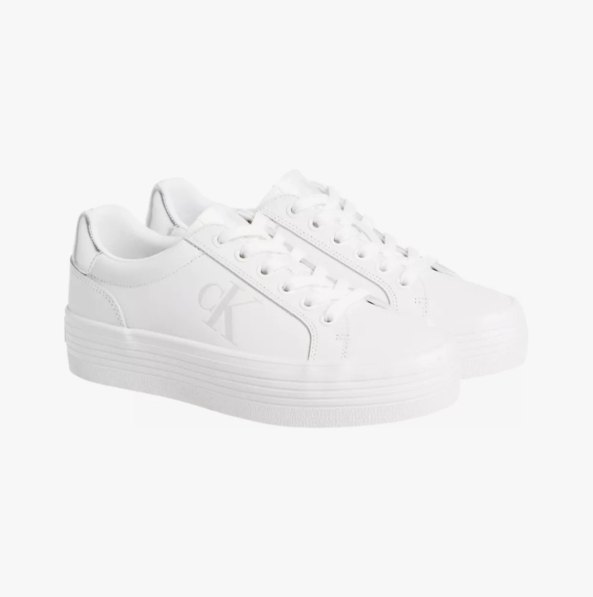 Calvin Klein BOLD VULCANISED FLATFORM Womens Trainers Bright White/Silver side view showcasing the casual leather design.