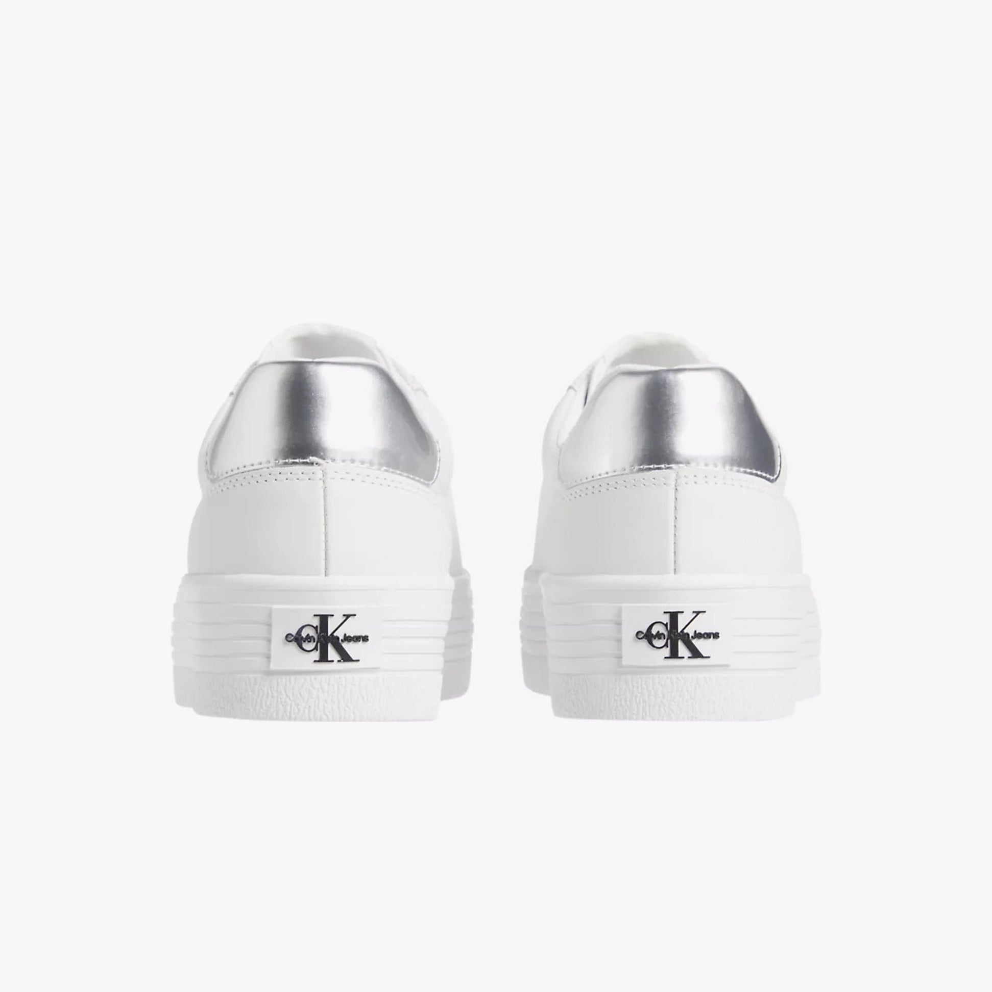 Calvin Klein BOLD VULCANISED FLATFORM Womens Trainers Bright White/Silver back view showcasing silver detailing.