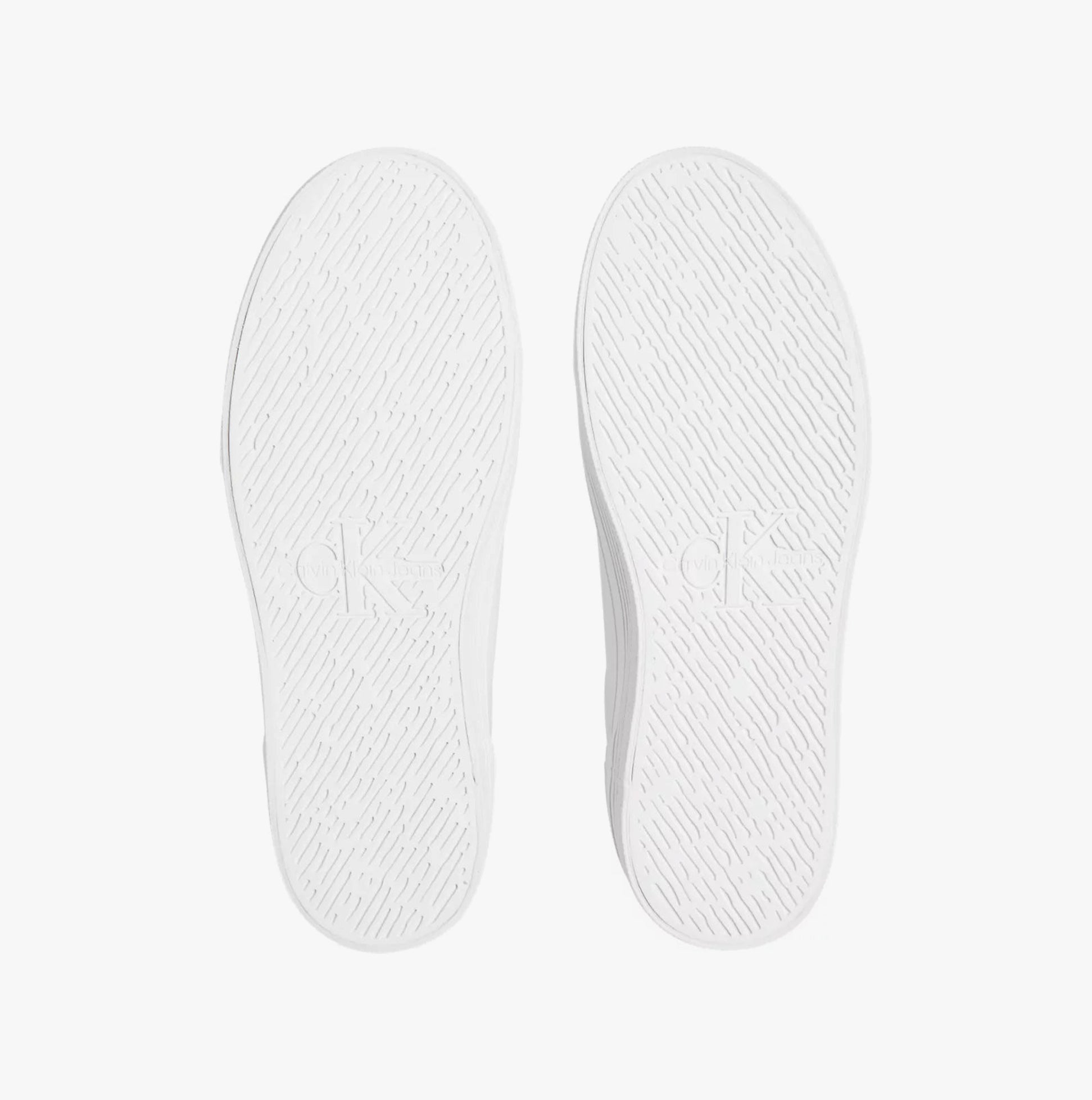 Calvin Klein BOLD VULCANISED FLATFORM Womens Trainers Bright White/Silver sole view showing detailed rubber outsole design.