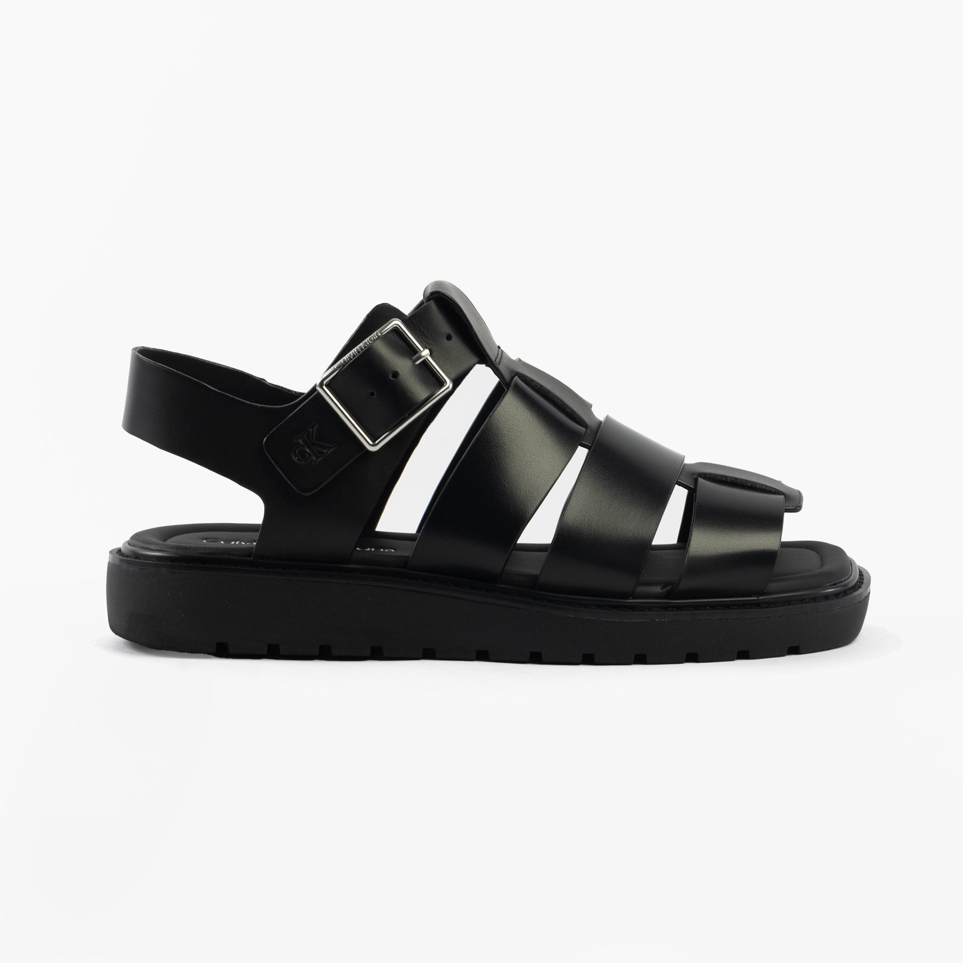 Calvin Klein LEATHER FISHERMAN Womens Sandals Triple Black side view showing buckle closure and comfortable design.