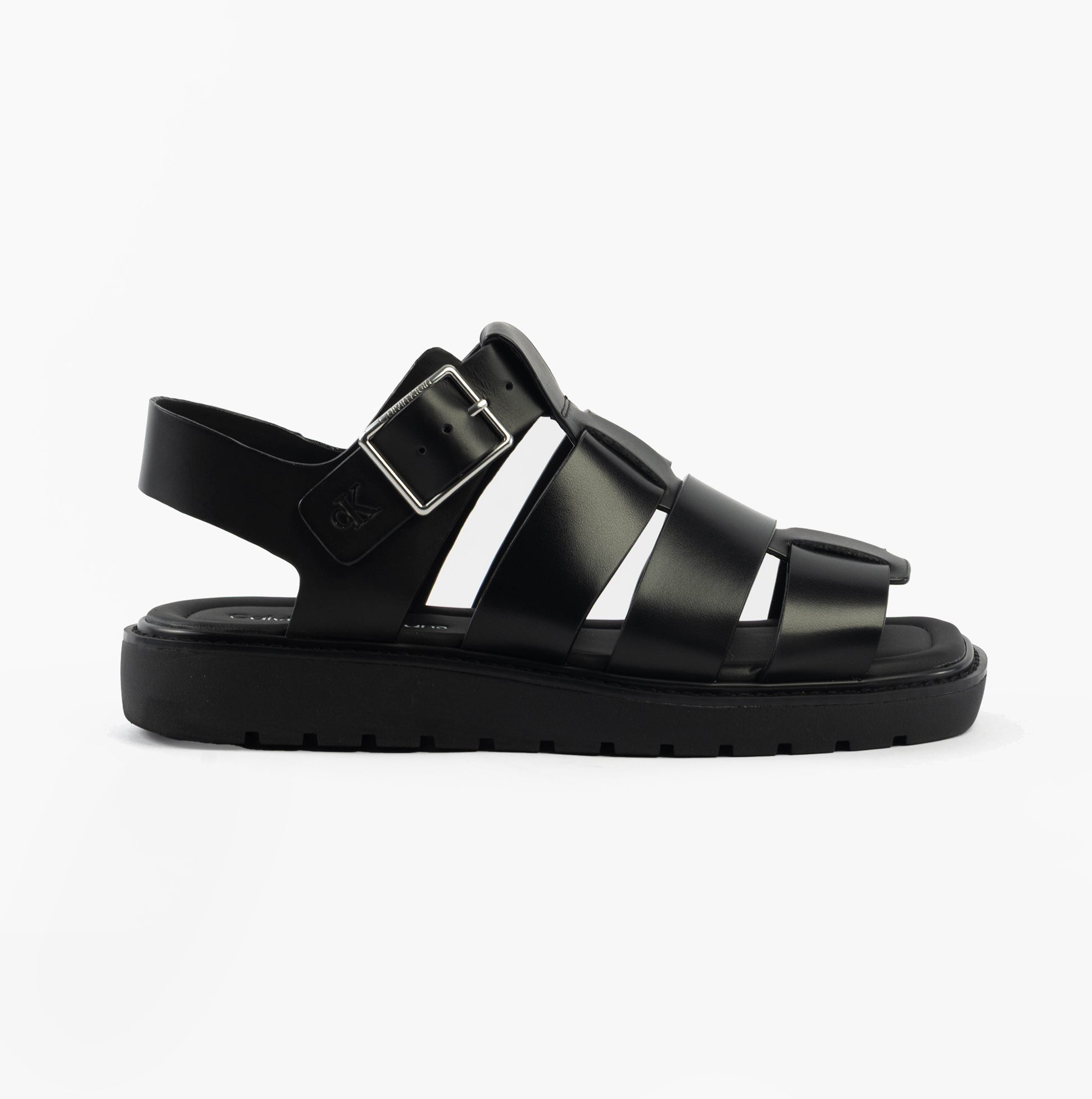Calvin Klein LEATHER FISHERMAN Womens Sandals Triple Black side view showing buckle closure and comfortable design.