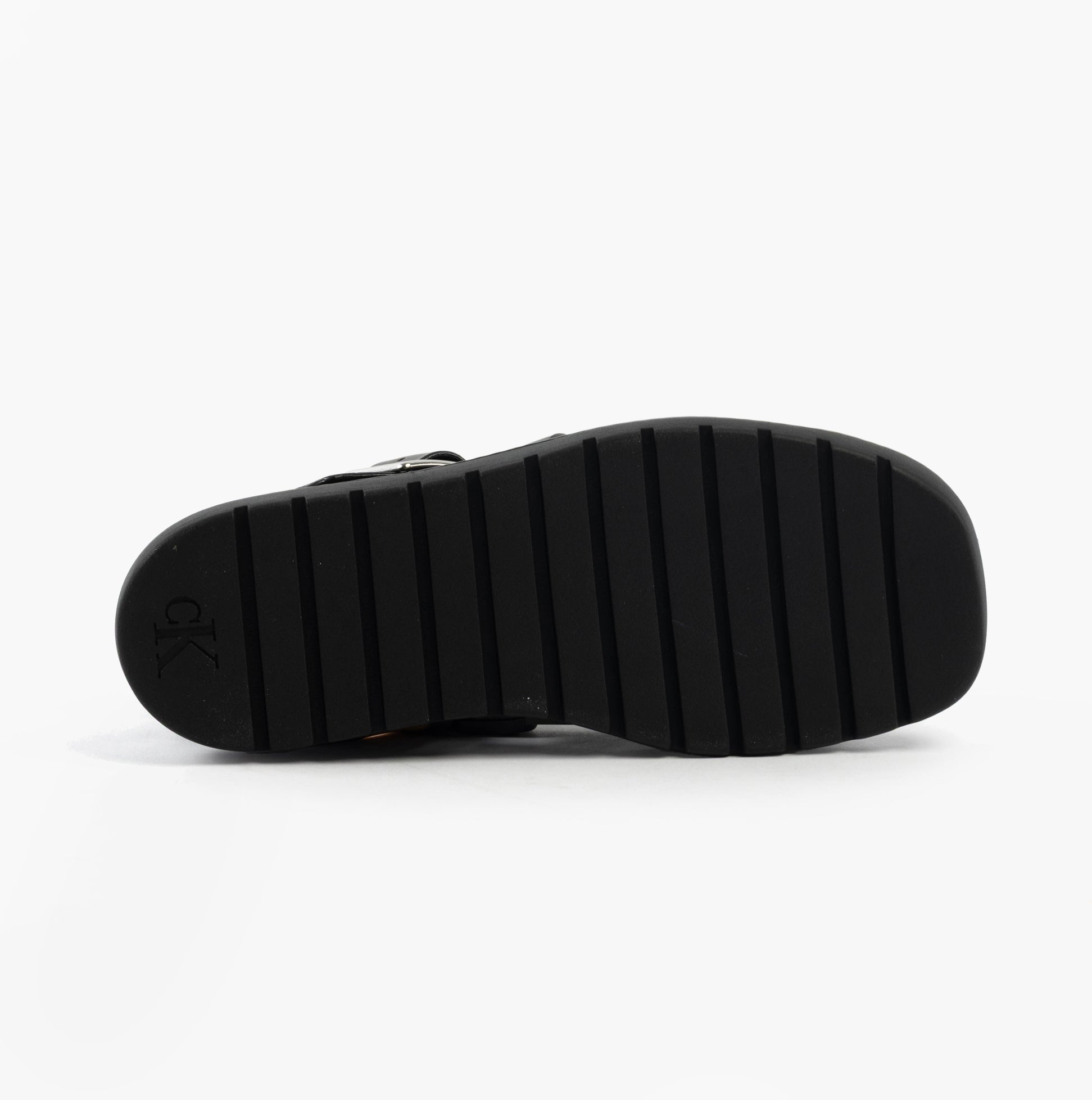 Calvin Klein LEATHER FISHERMAN Womens Sandals Triple Black bottom view showing rubber sole design.