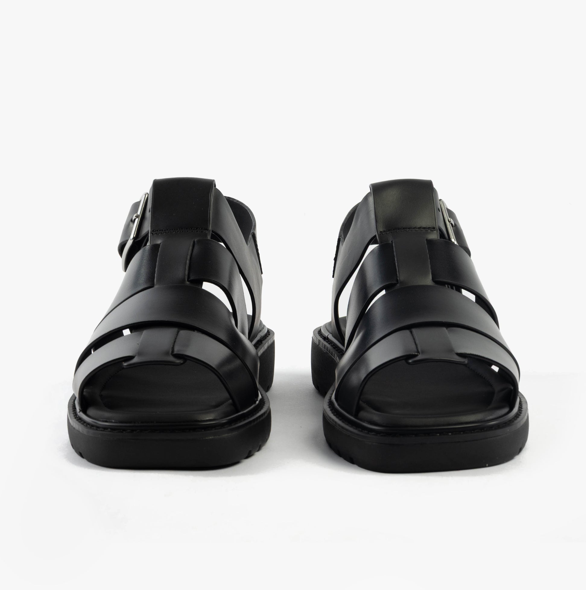 Calvin Klein LEATHER FISHERMAN Womens Sandals Triple Black back view, showcasing the leather straps and buckle closure.