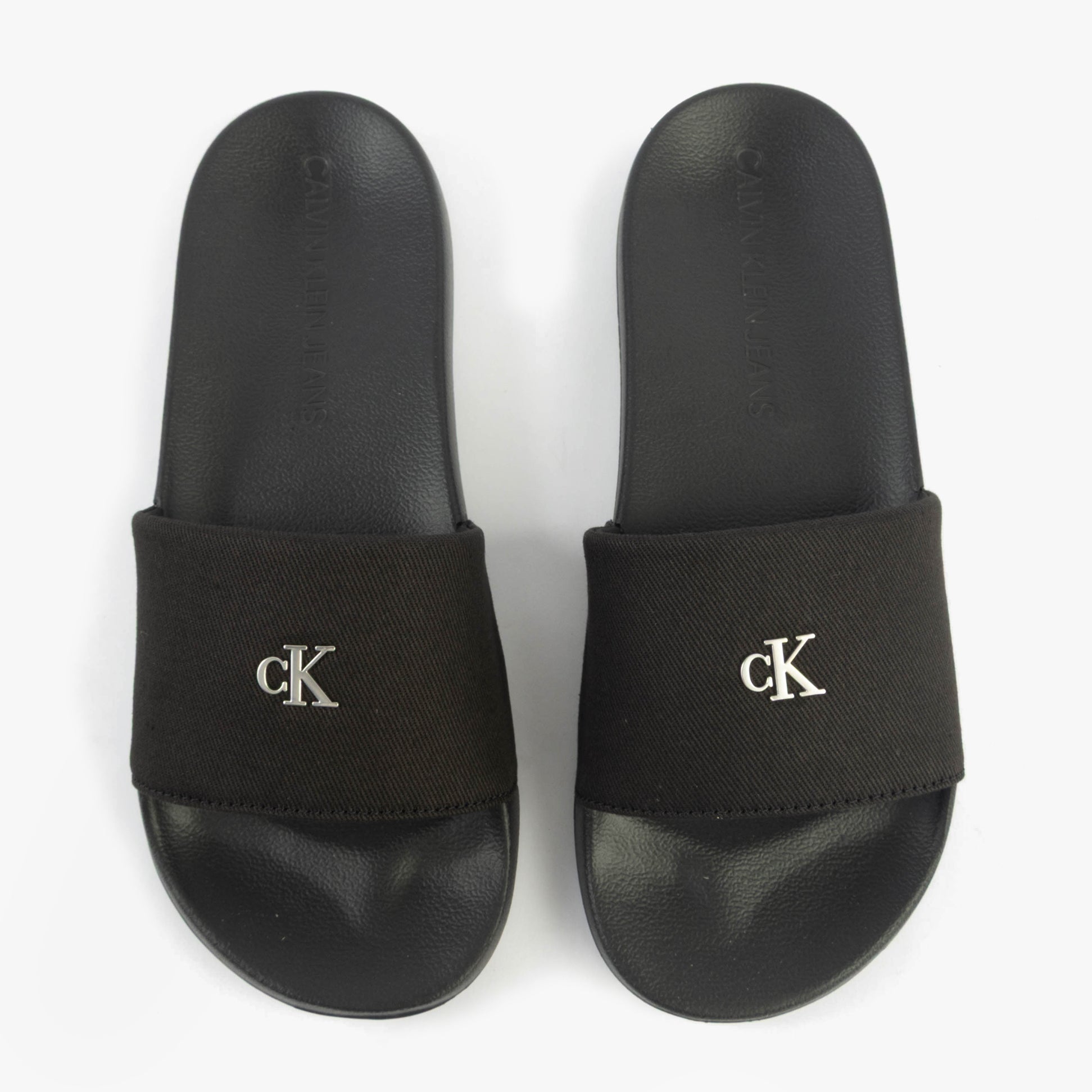 Calvin Klein MONOGRAM Womens Slides Triple Black top view with cK logo and dark upper material
