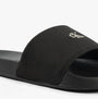 Calvin Klein MONOGRAM Womens Slides Triple Black detail view showcasing the upper cotton material and logo.