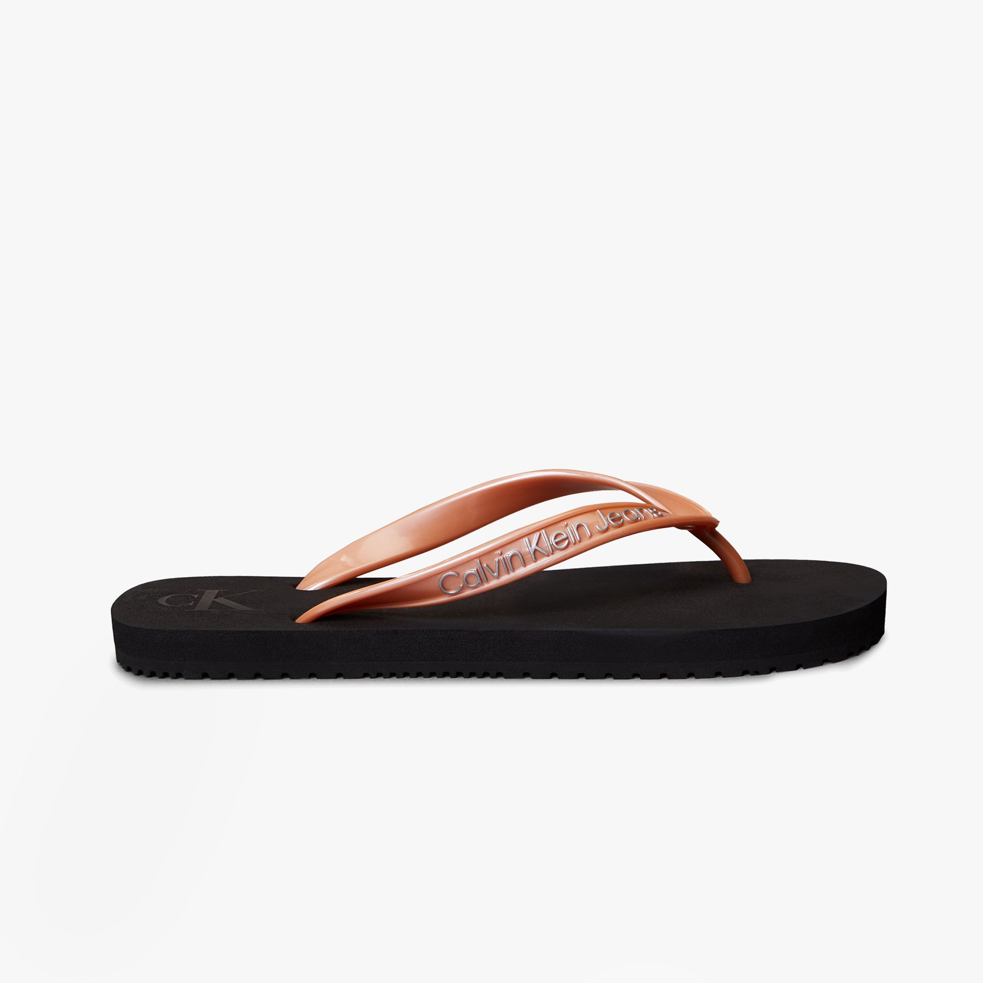 Calvin Klein BEACH SANDAL MONOLOGUE Womens Flip Flops Black/Dusty Coral side view showing elegant strap design and comfort sole.
