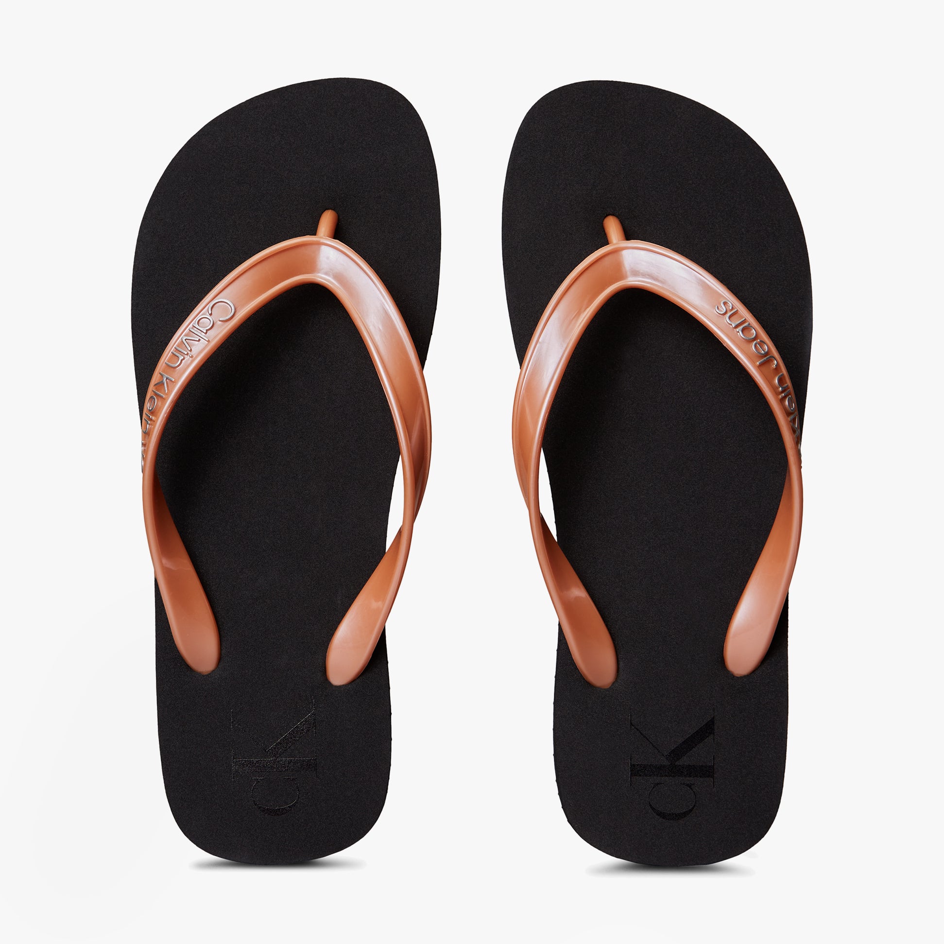 Calvin Klein BEACH SANDAL MONOLOGUE Womens Flip Flops Black/Dusty Coral top view with black soles and dusty coral straps