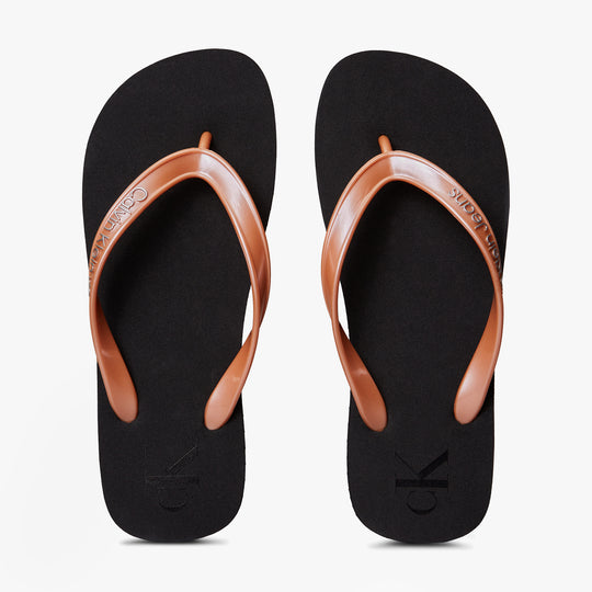 Calvin Klein BEACH SANDAL MONOLOGUE Womens Flip Flops Black/Dusty Coral top view with black soles and dusty coral straps