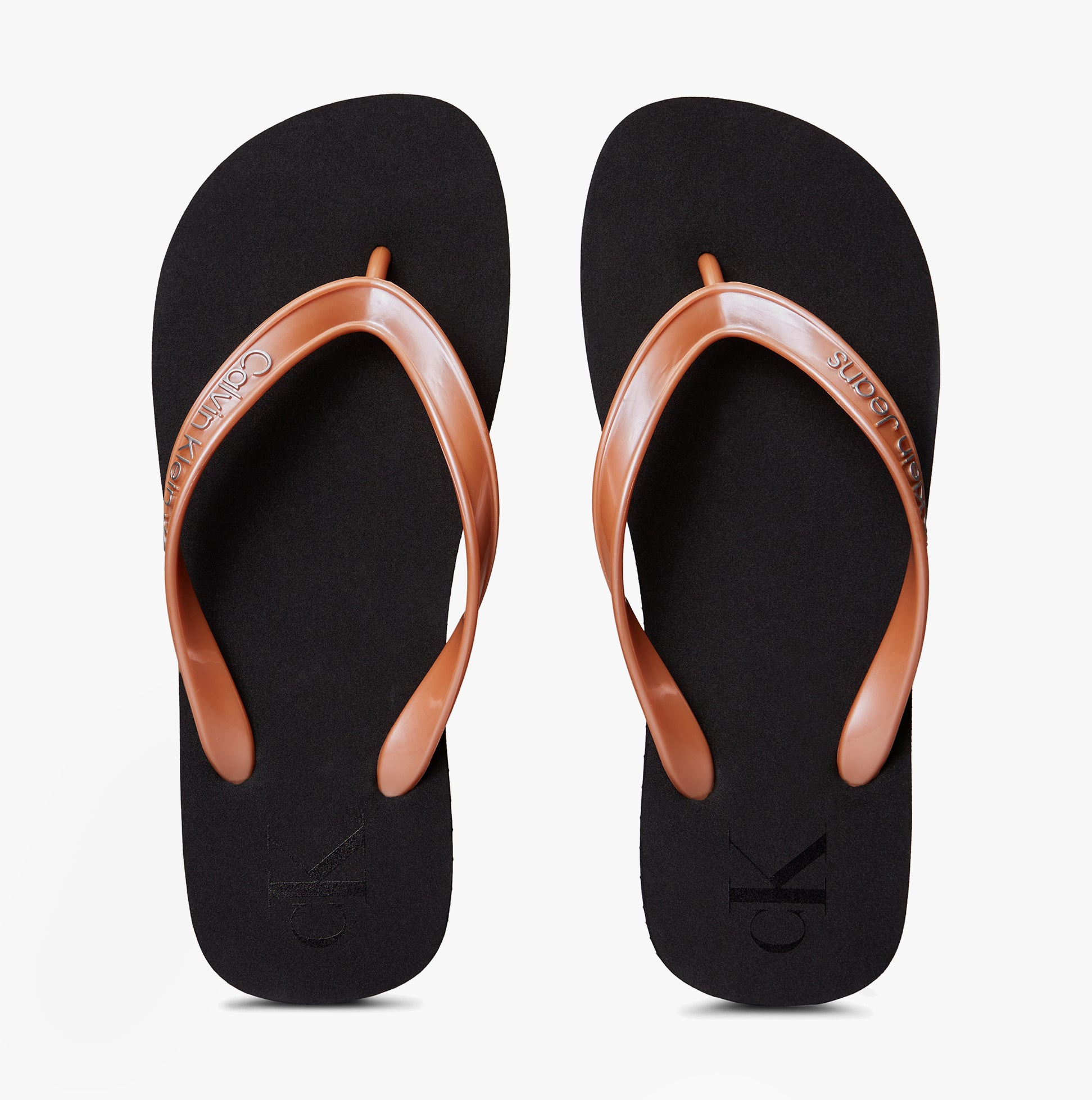 Calvin Klein BEACH SANDAL MONOLOGUE Womens Flip Flops Black/Dusty Coral top view with black soles and dusty coral straps